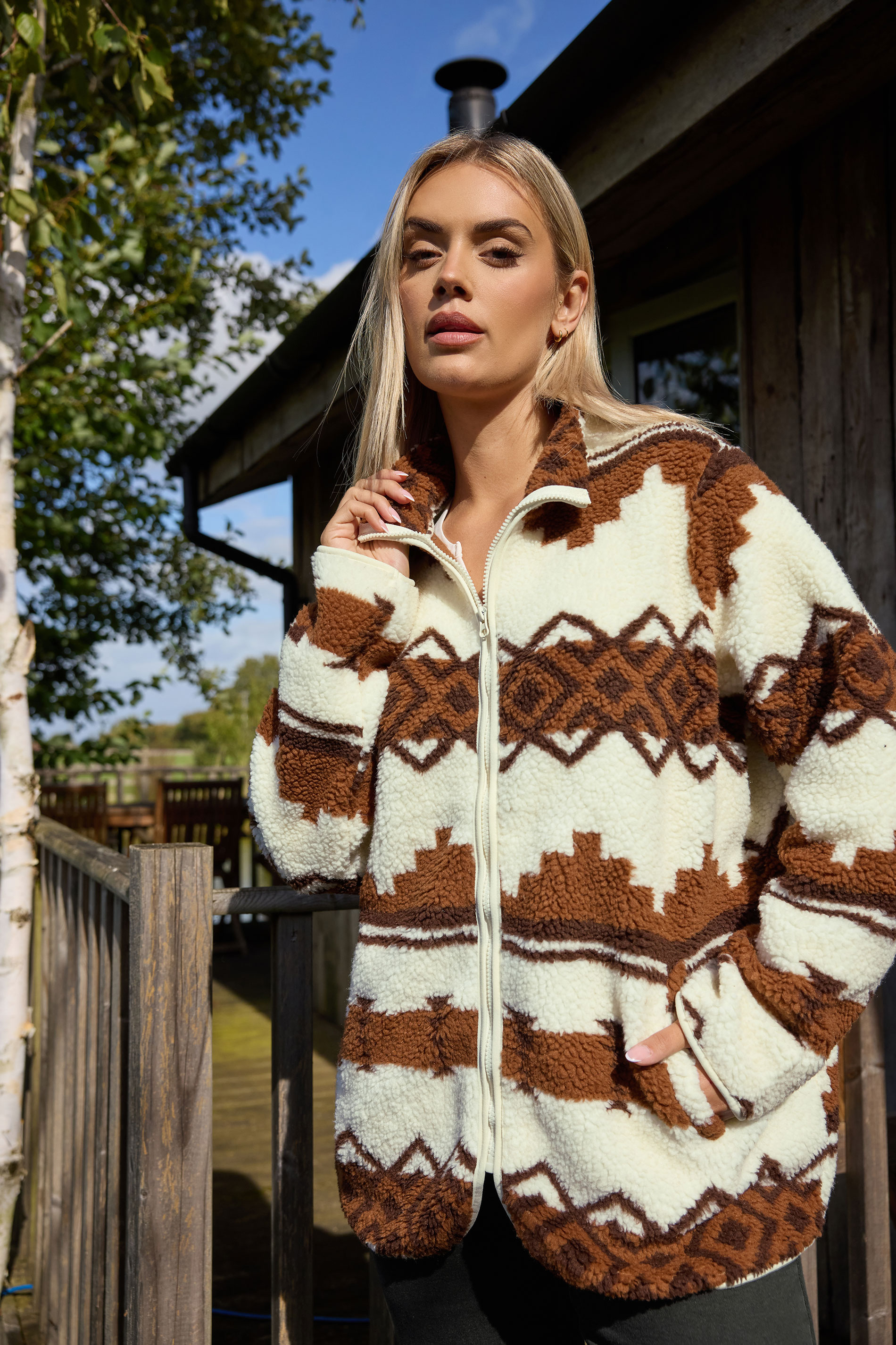 YOURS Plus Size Chocolate Brown Fairisle Borg Fleece Jacket | Yours Clothing 8