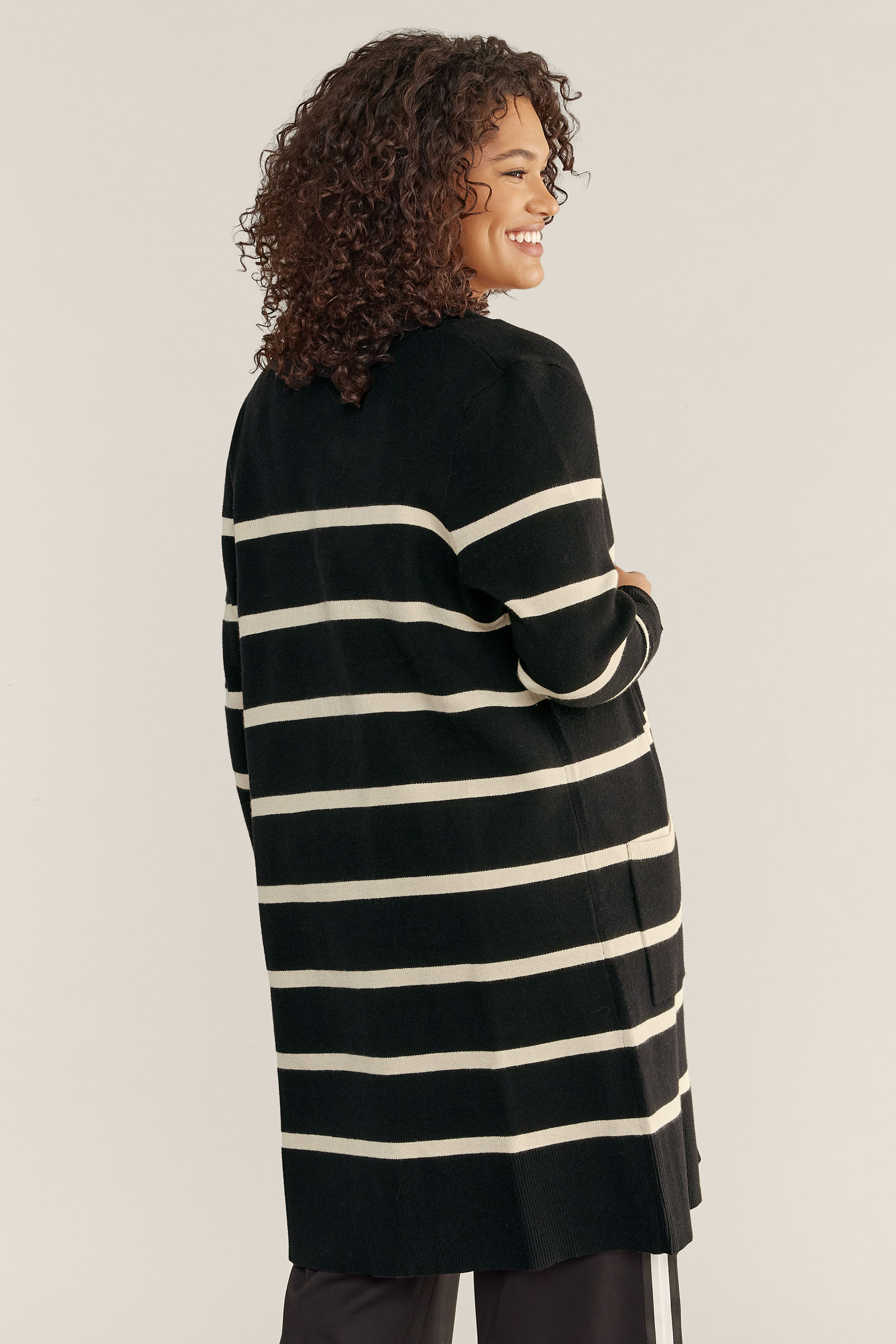 EVANS Plus Size Black & Ivory White Stripe Knitted Cardigan | Evans 3