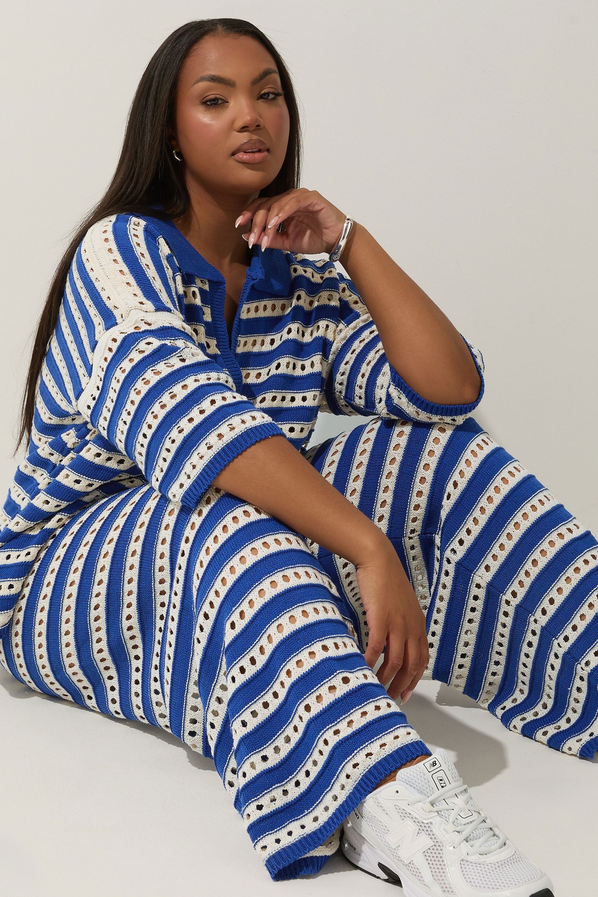 LIMITED COLLECTION Plus Size Blue & White Stripe Crochet Wide Leg Trousers | Yours Clothing 2