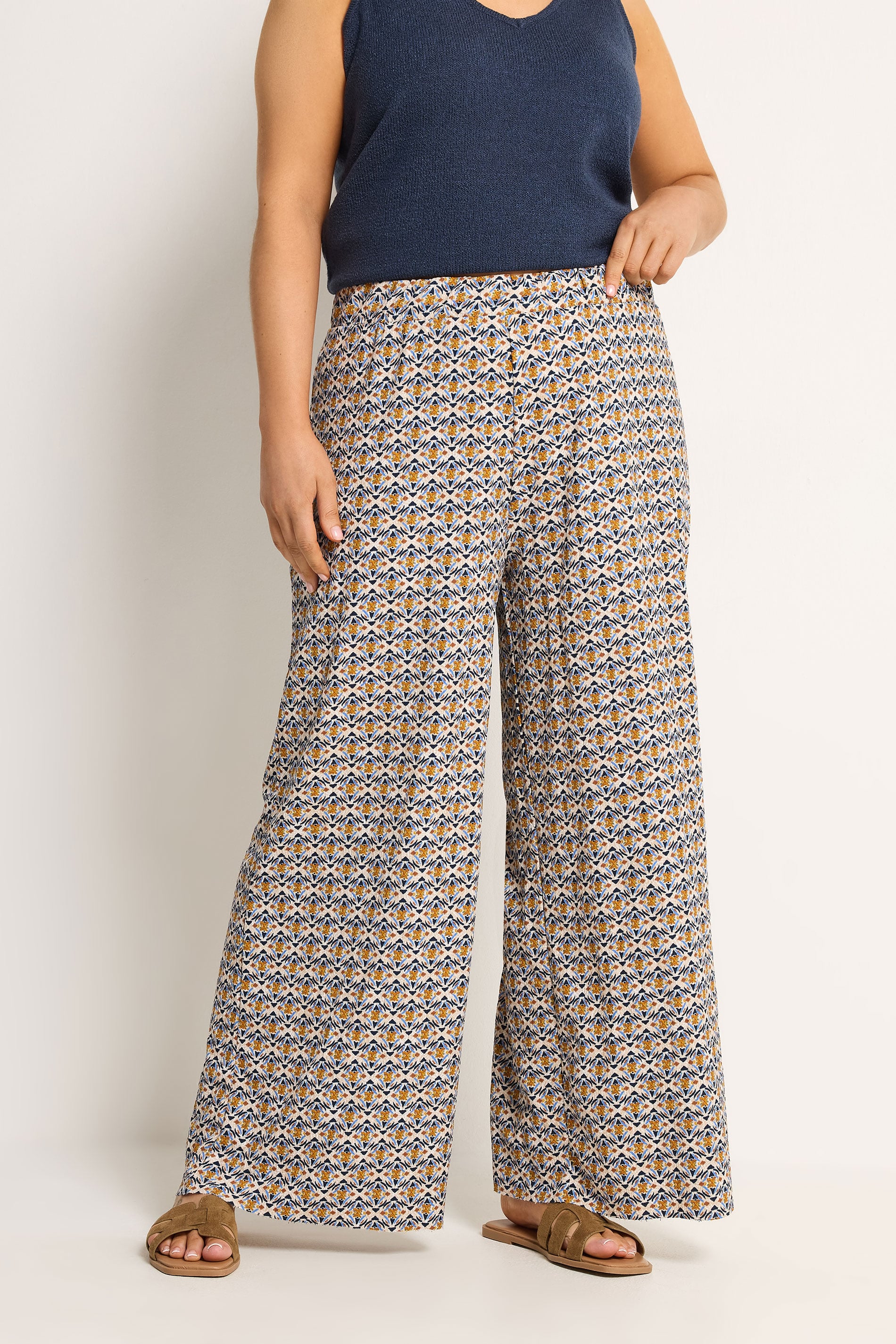 YOURS Plus Size Natural Brown Geometric Textured Wide Leg Trousers | Yours Clothing 1