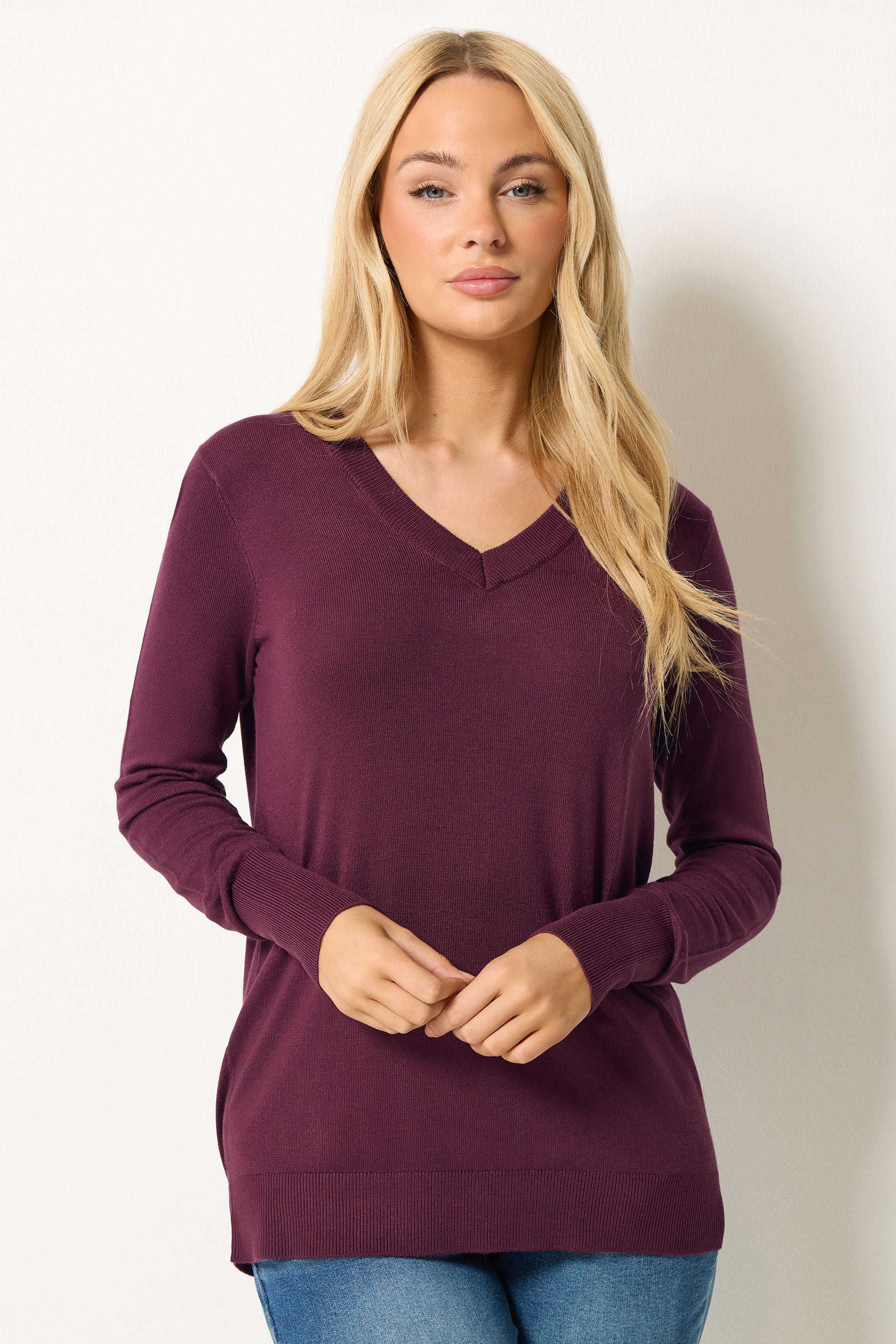 M&Co Berry Purple Long Sleeve V-Neck Jumper | M&Co 3