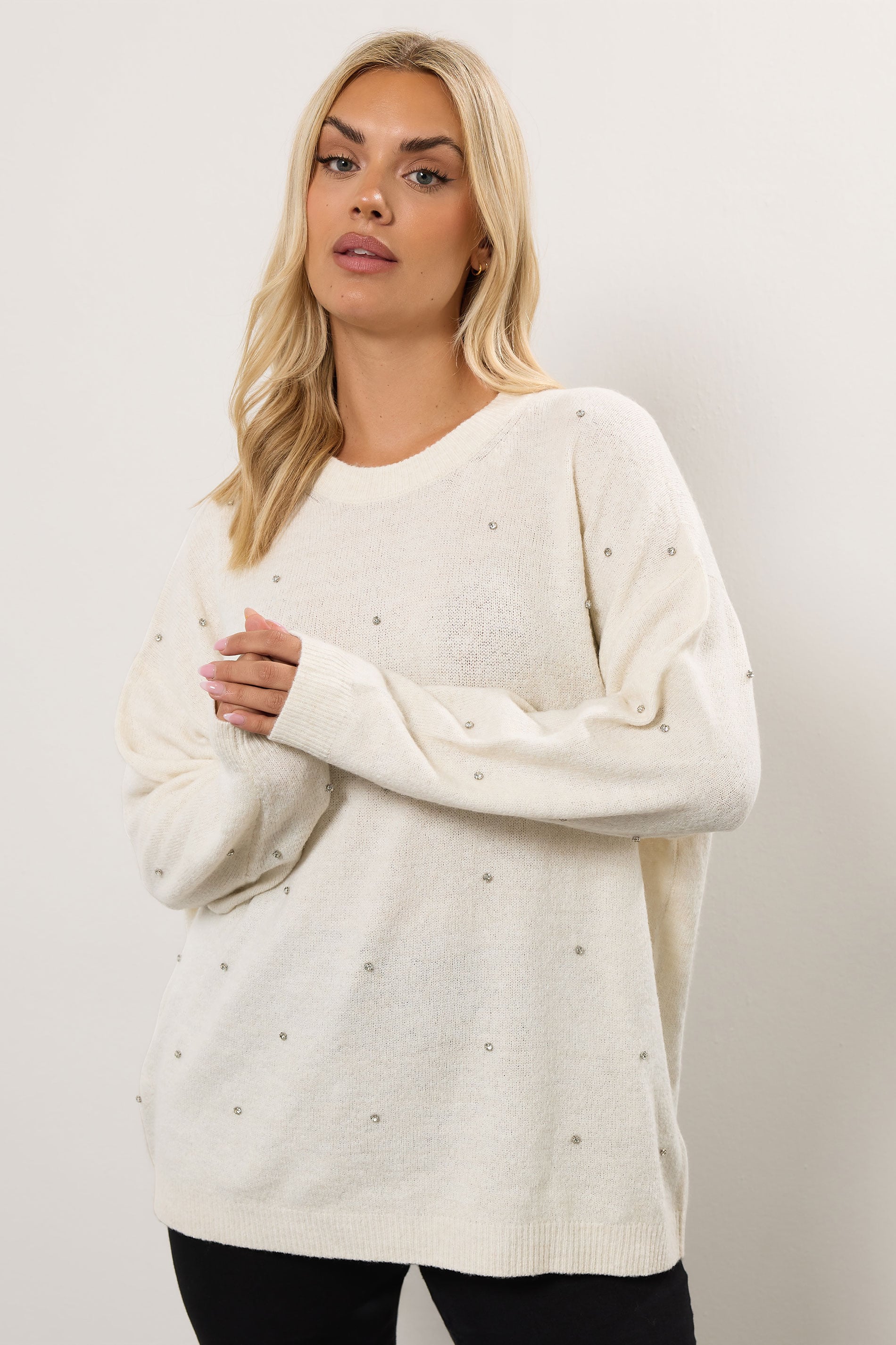 YOURS Plus Size Ivory White Embellished Front Jumper | Yours Clothing 3