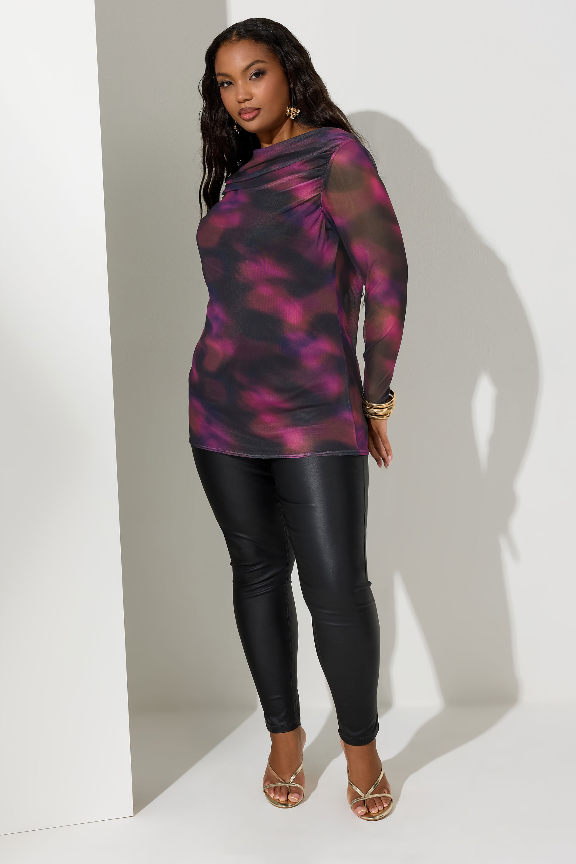 YOURS LONDON Plus Size Purple Blurred Mesh Cowl Neck Top | Yours Clothing 1