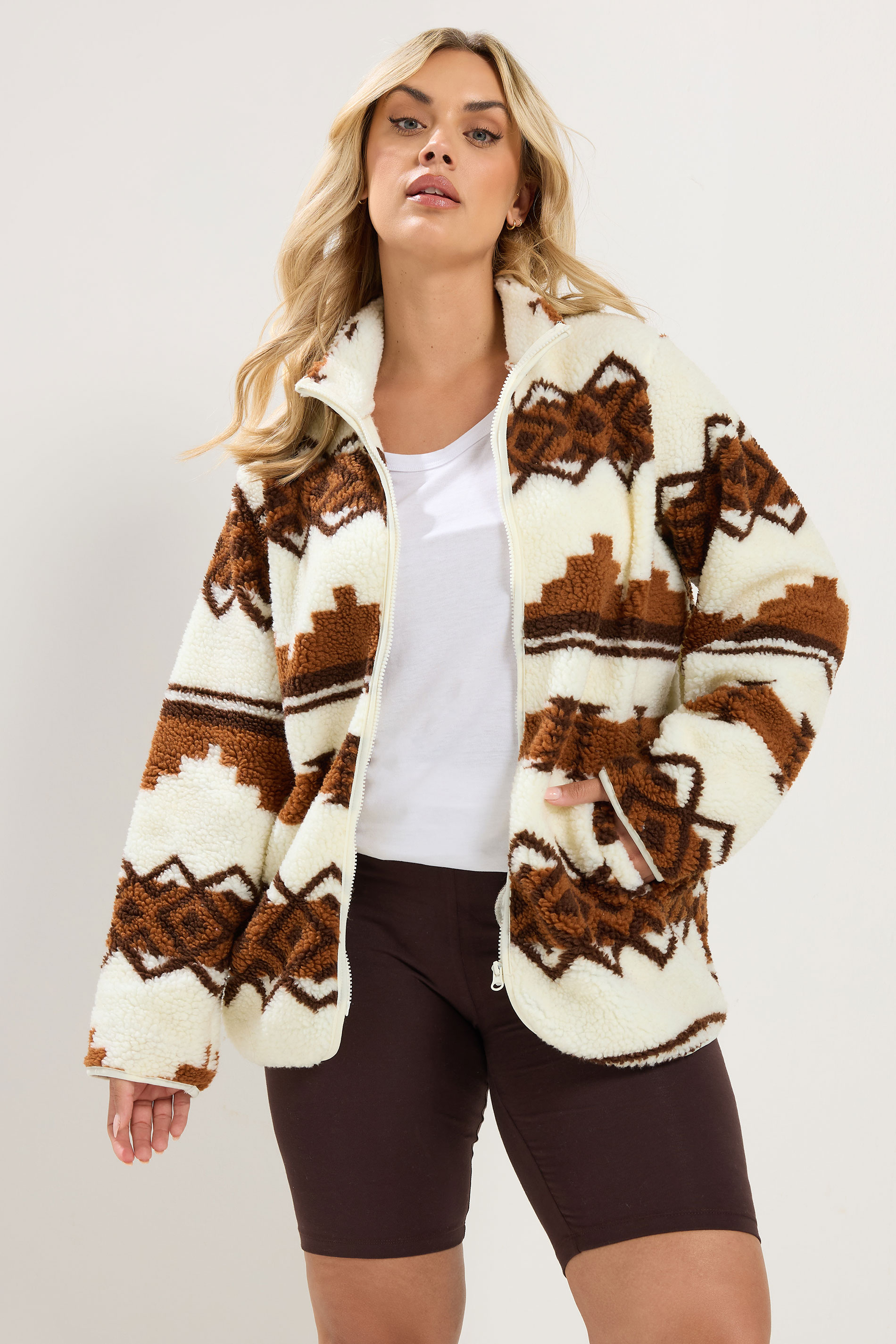 YOURS Plus Size Chocolate Brown Fairisle Borg Fleece Jacket | Yours Clothing 1