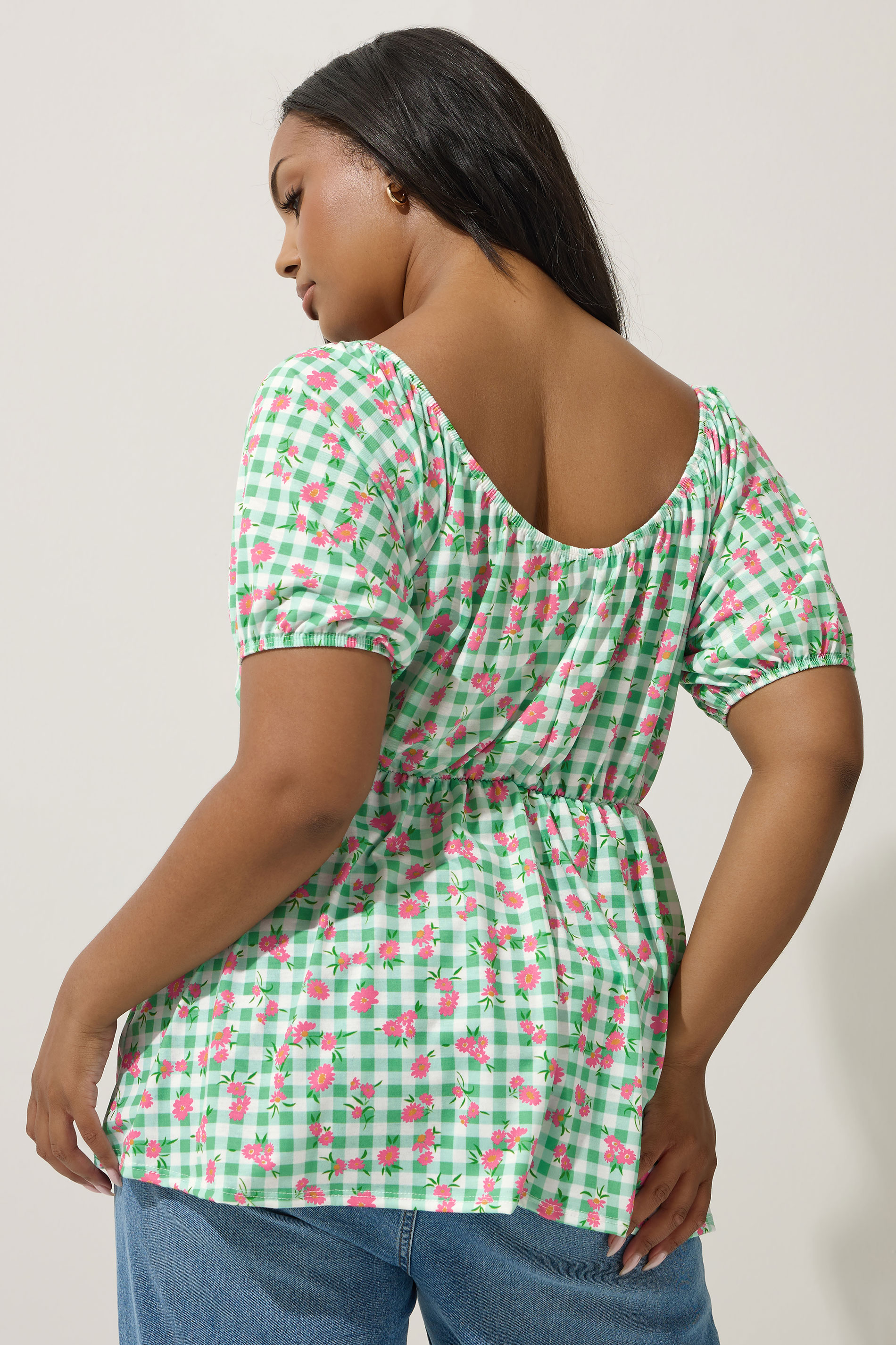 LIMITED COLLECTION Plus Size Green Floral Gingham Bardot Top | Yours Clothing 2