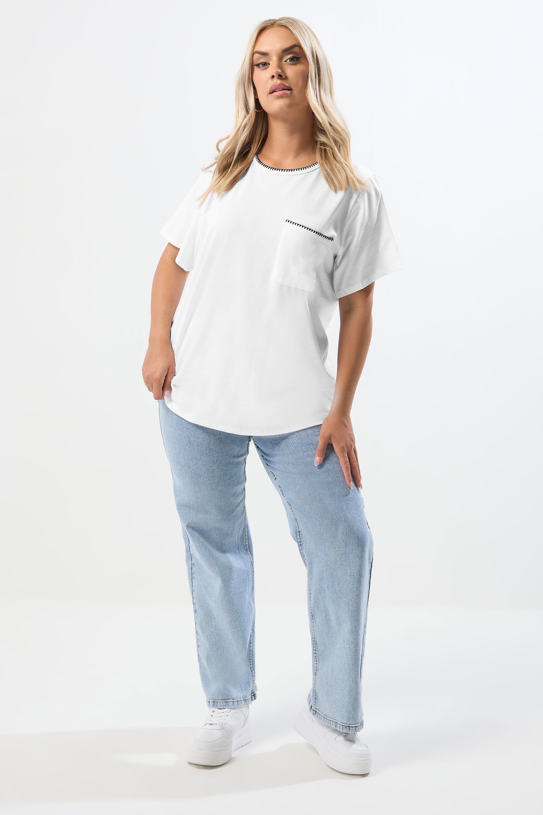 YOURS Plus Size White Contrast Stitch Heavyweight Pocket T-Shirt | Yours Clothing 1