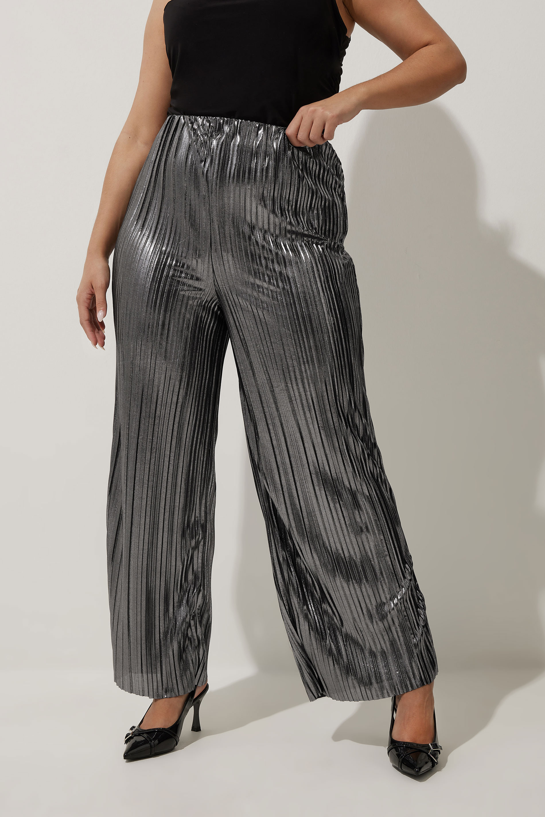 LIMITED COLLECTION Plus Size Silver Metallic Plisse Trousers | Yours Clothing  1