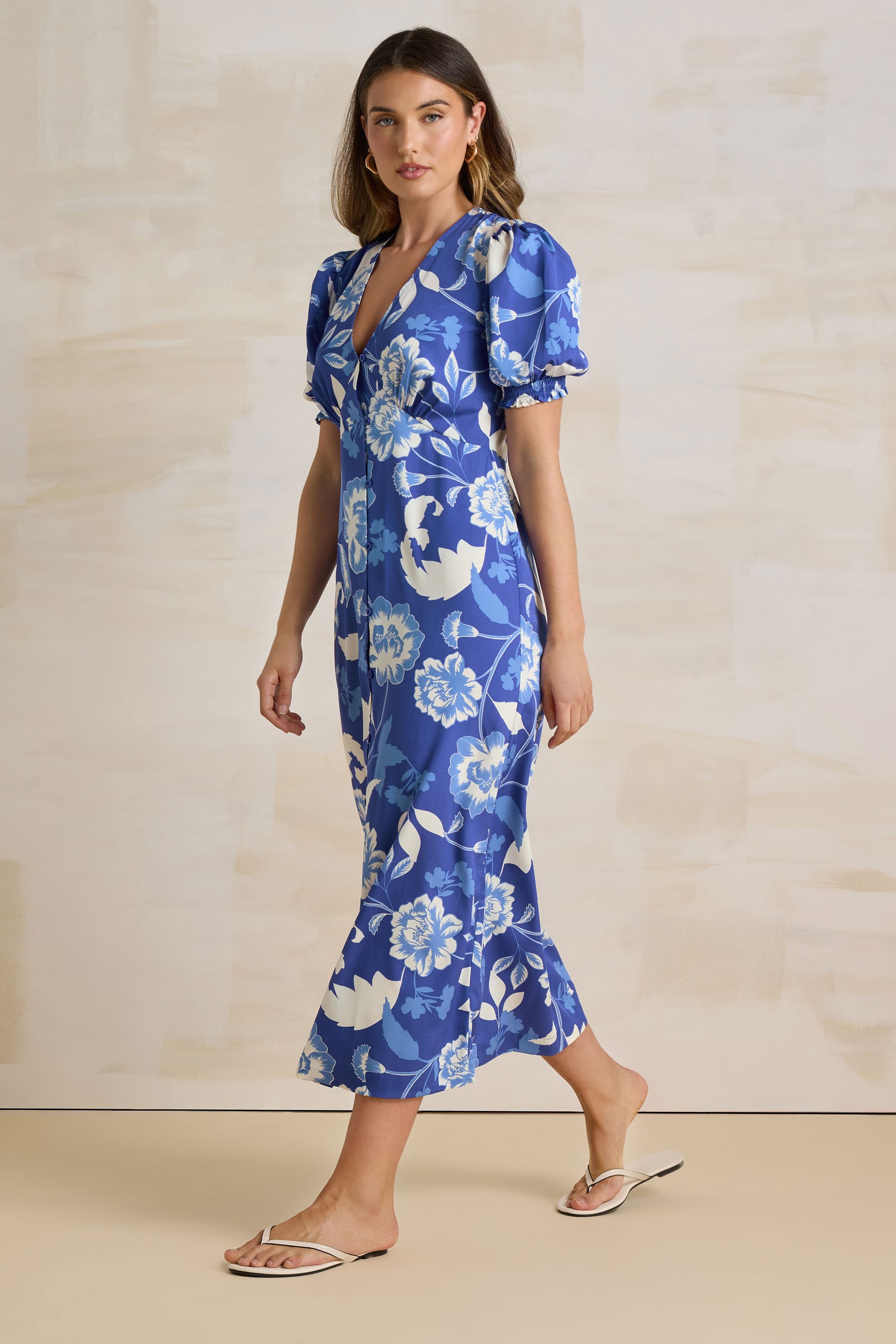 LTS Tall Blue Floral Puff Sleeve Midi Tea Dress | Long Tall Sally 1