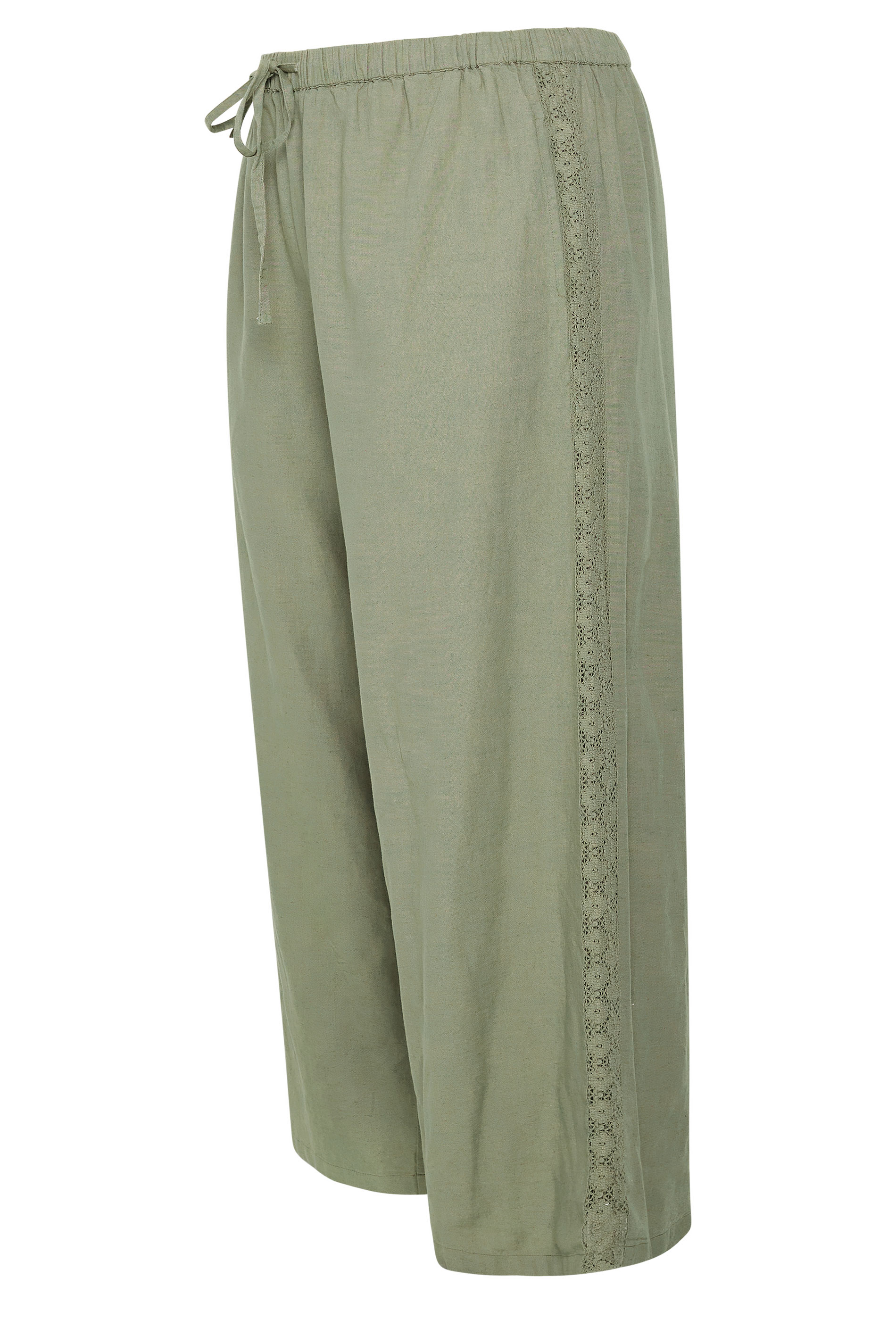 YOURS Plus Size Khaki Green Crochet Detail Linen Trousers | Yours Clothing 6