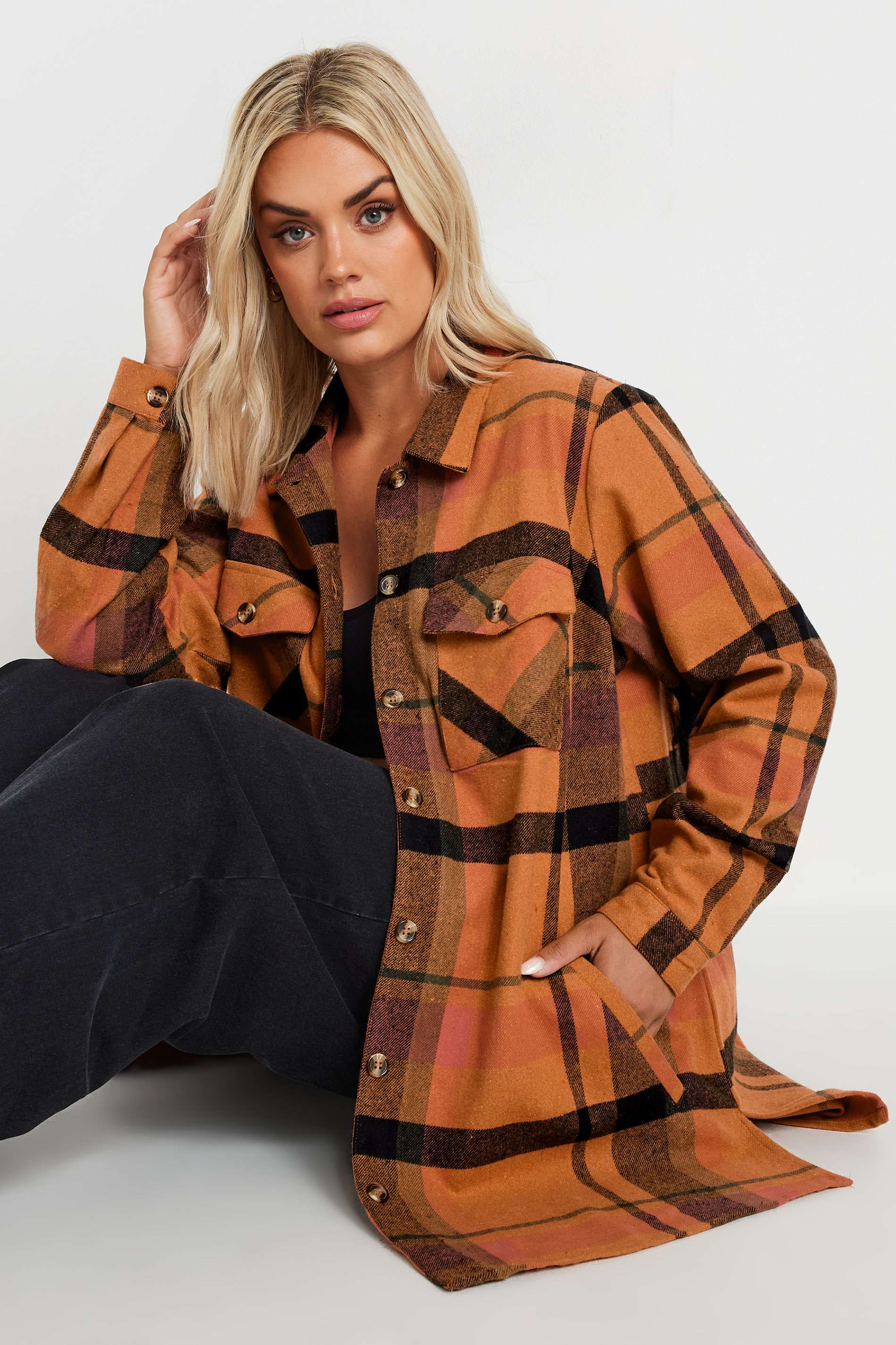 YOURS Plus Size Rust Orange Check Shacket | Yours Clothing 4