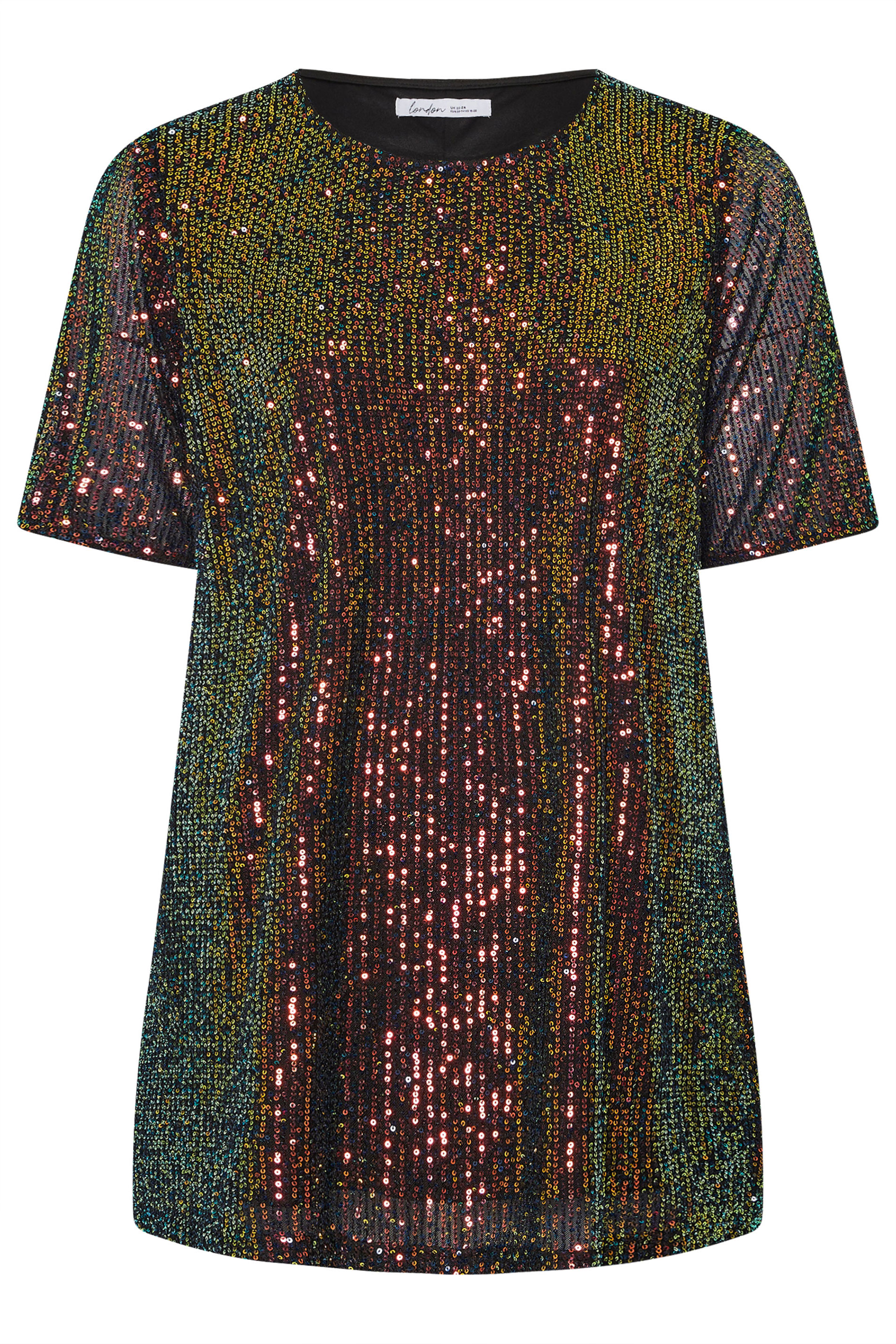 YOURS LONDON Plus Size Black Multicoloured Sequin T-Shirt | Yours Clothing 5