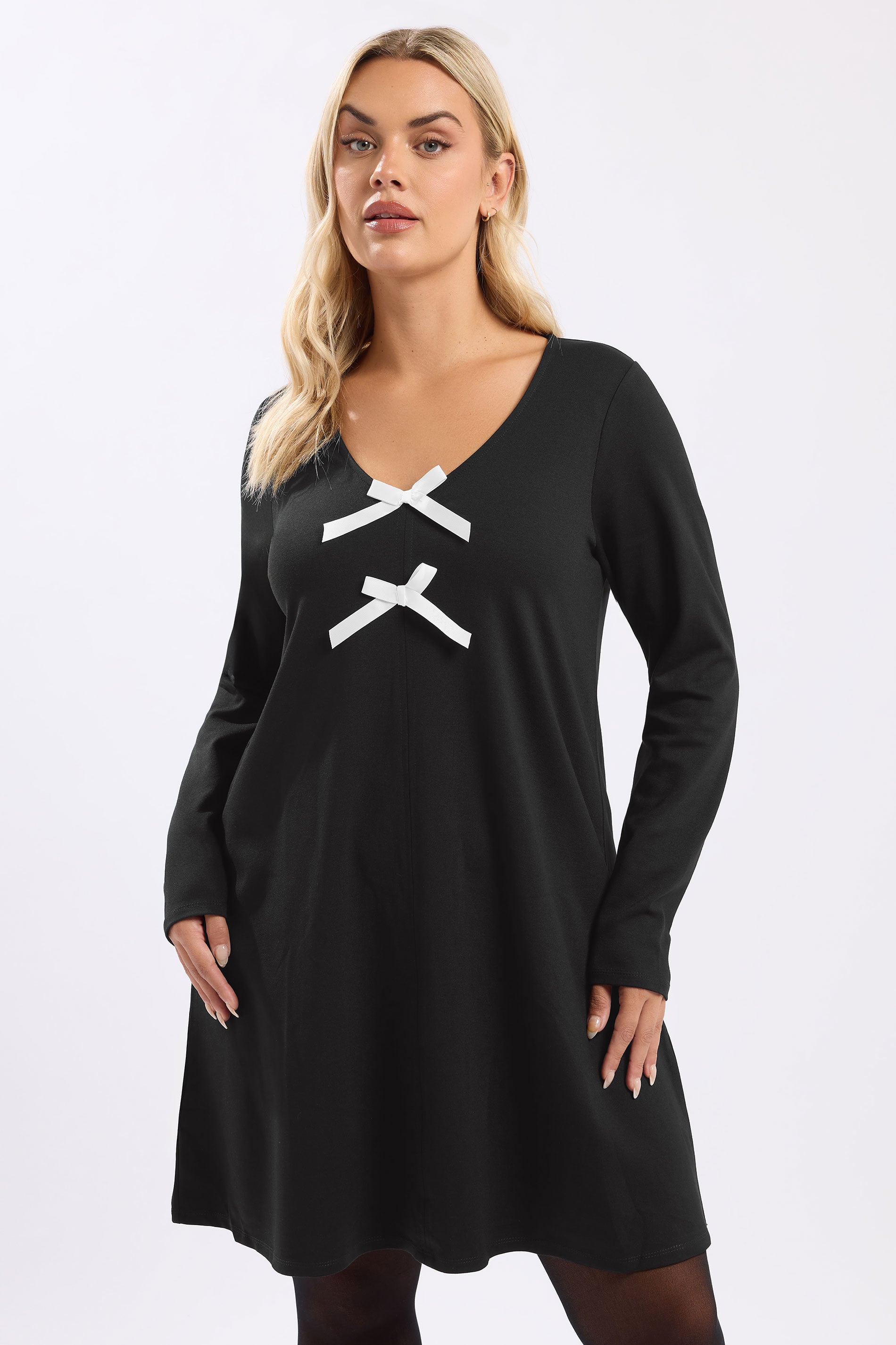 YOURS Plus Size Black Bow Detail Tunic Dress | Yours Clothing 1