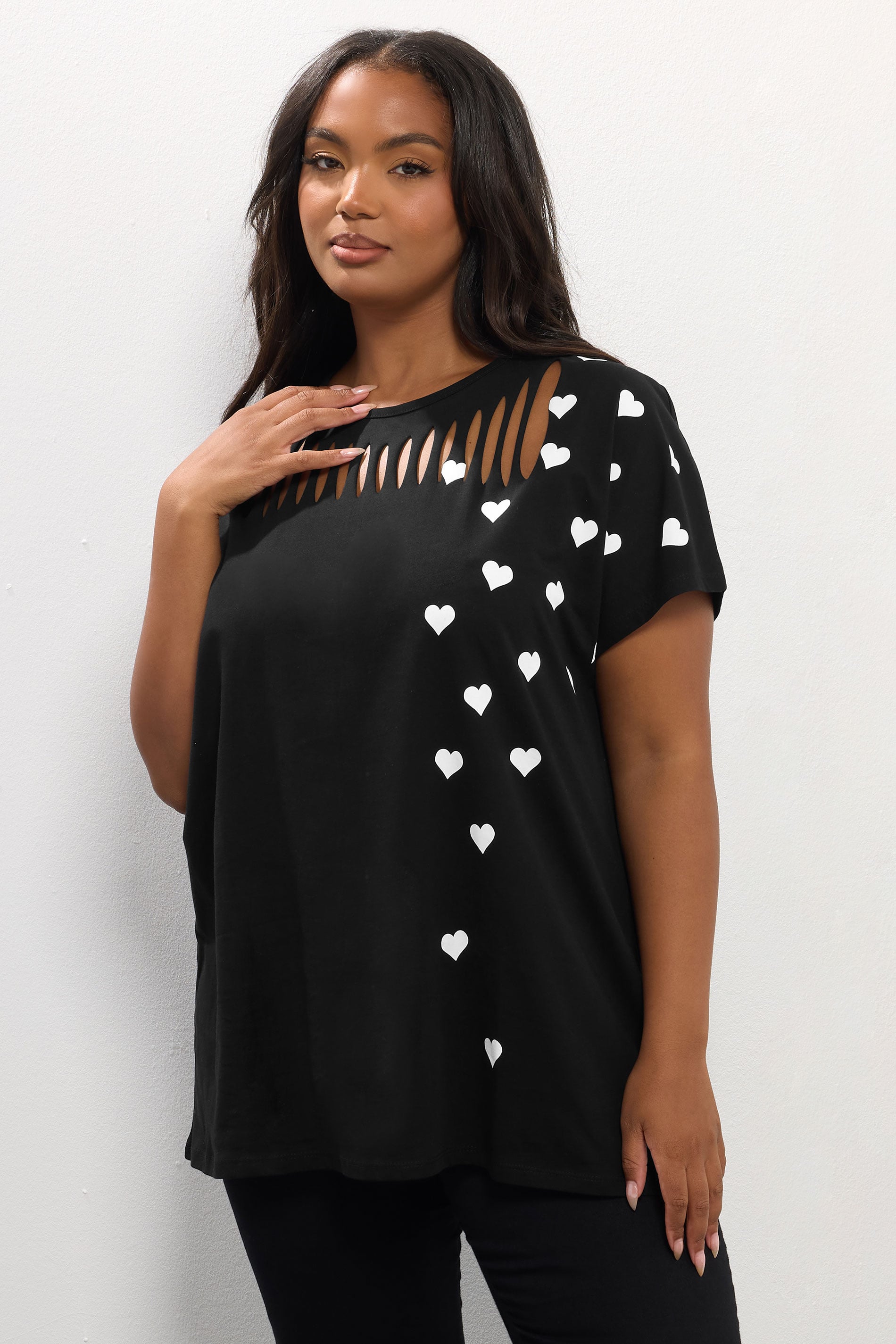 YOURS Plus Size Black Heart Print Slash Detail Top | Yours Clothing 3