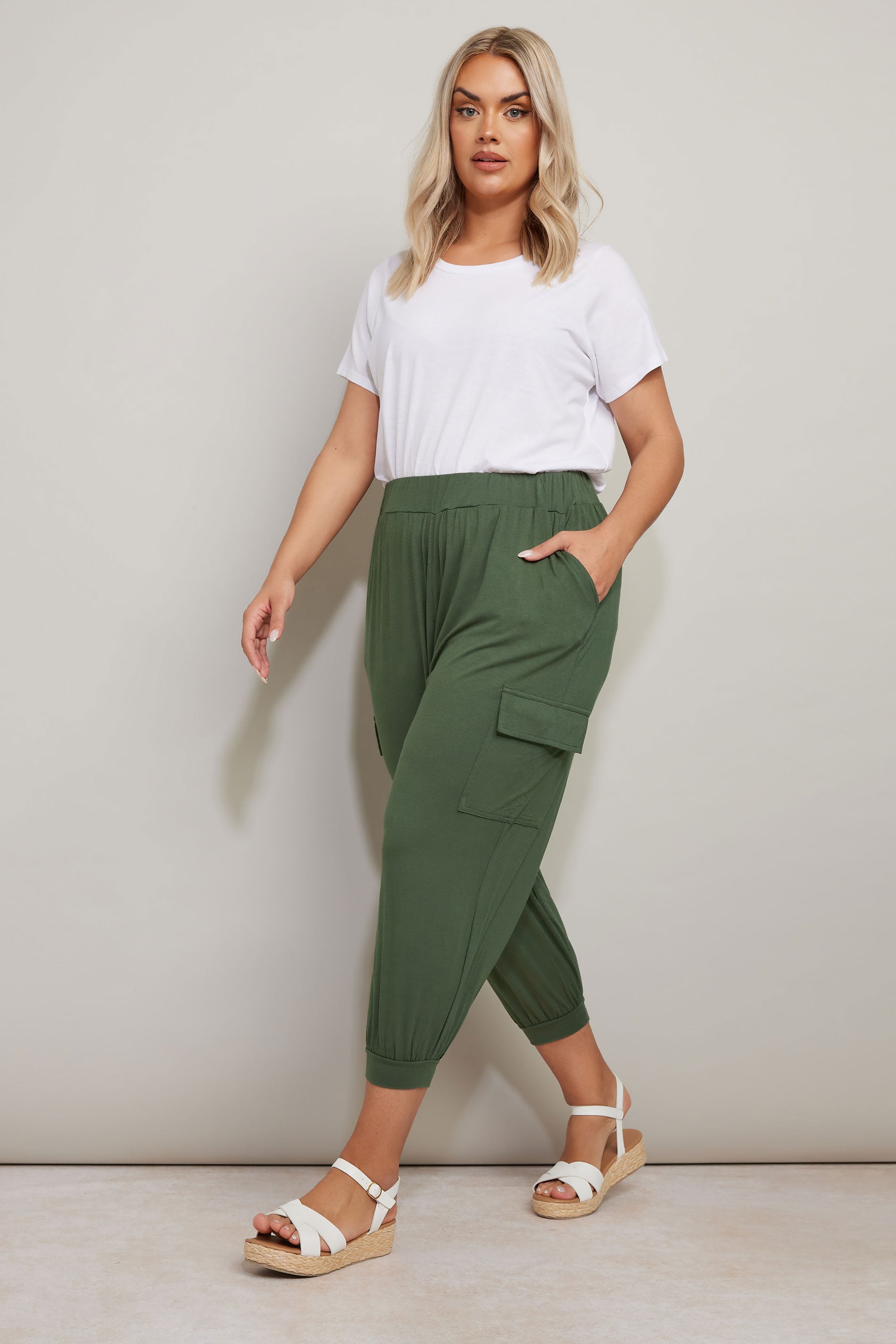 YOURS Plus Size Khaki Green Cropped Cargo Harem Trousers | Yours Clothing 3