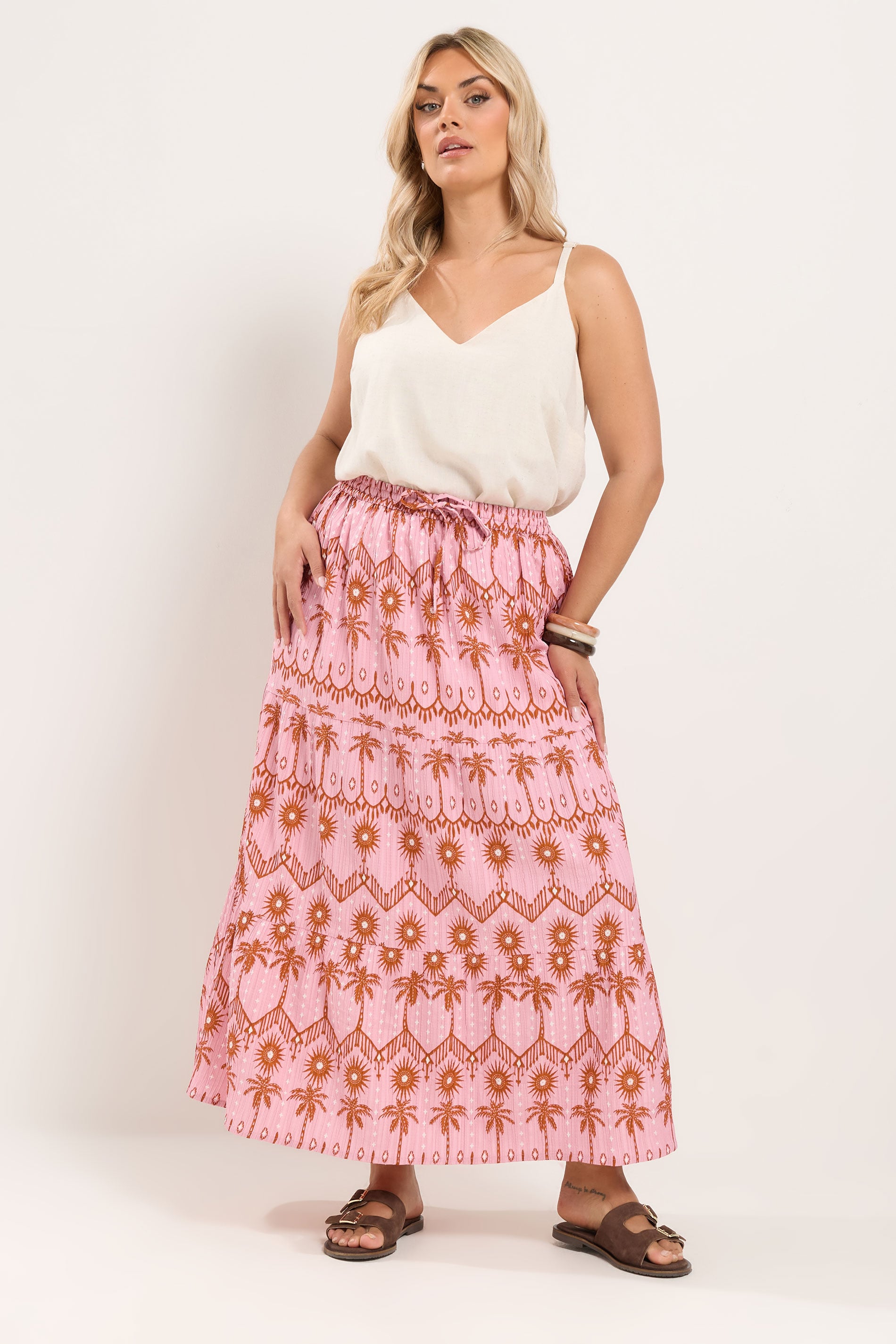 YOURS Plus Size Pink Palm Tree Printed Skirt | Yours Clothing 3