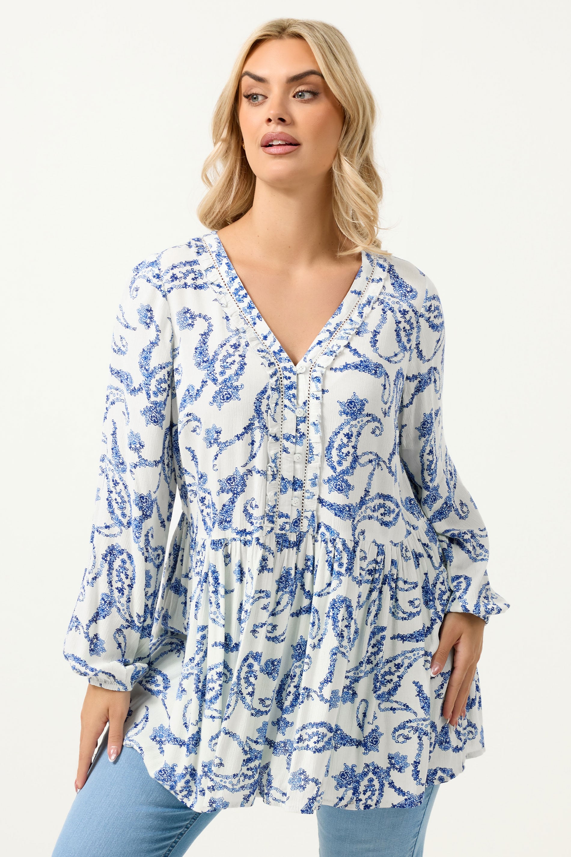 YOURS Plus Size Blue Paisley Print Ruffle Blouse | Yours Clothing 3
