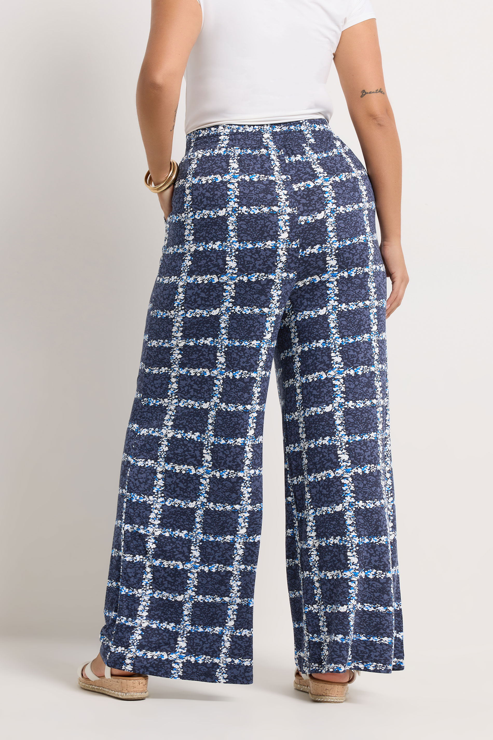 YOURS Plus Size Navy Blue Floral Check Trousers | Yours Clothing 2