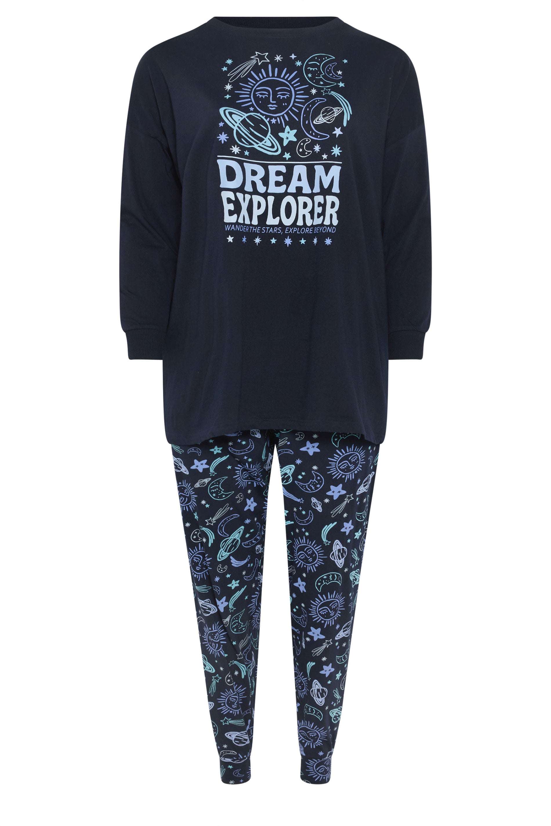 YOURS Plus Size Navy Blue 'Dream Explorer' Cuffed Pyjama Set | Yours Clothing 6