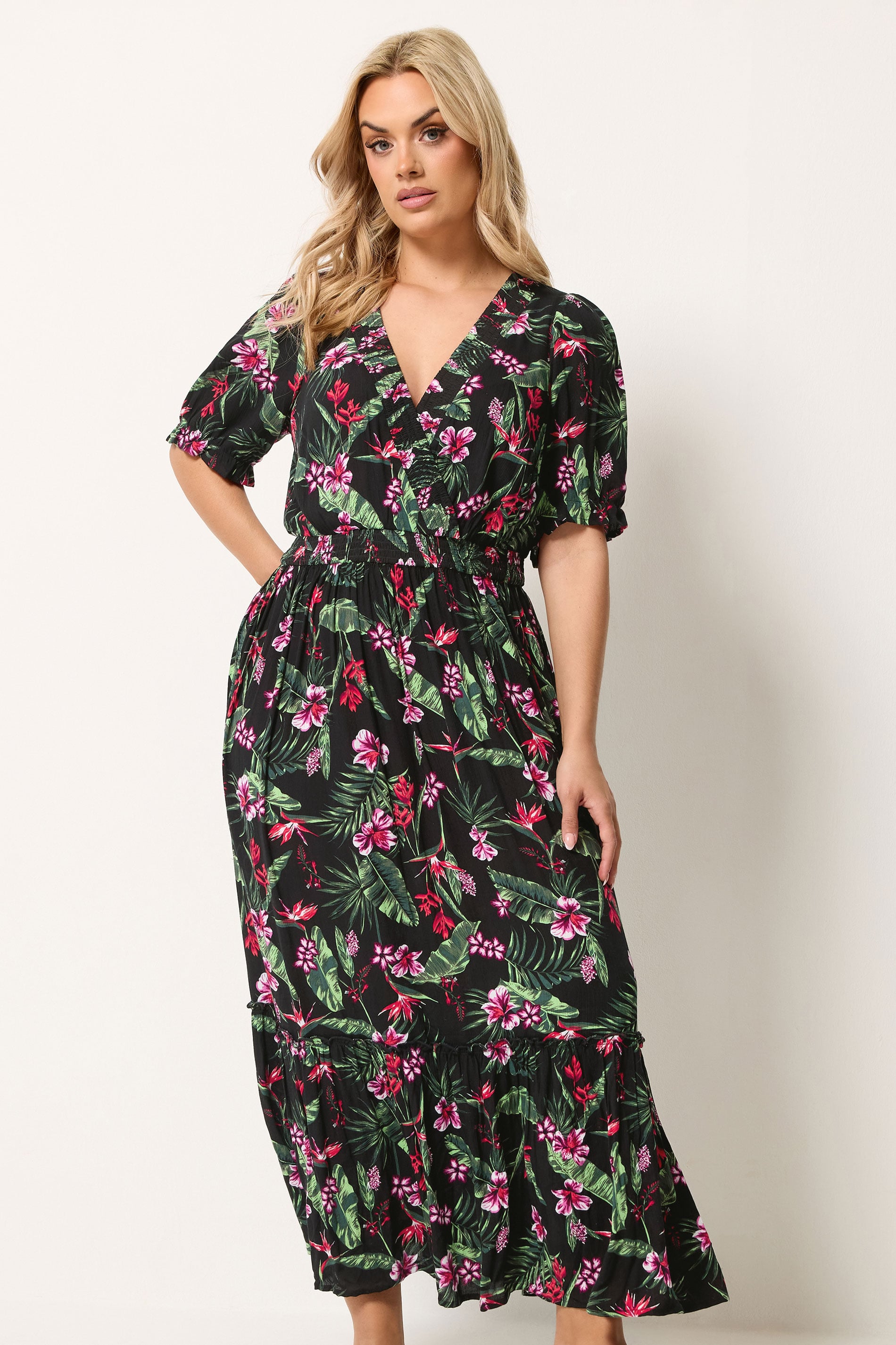 YOURS Plus Size Black Tropical Shirred Neck Maxi Dress | Yours Clothing 3