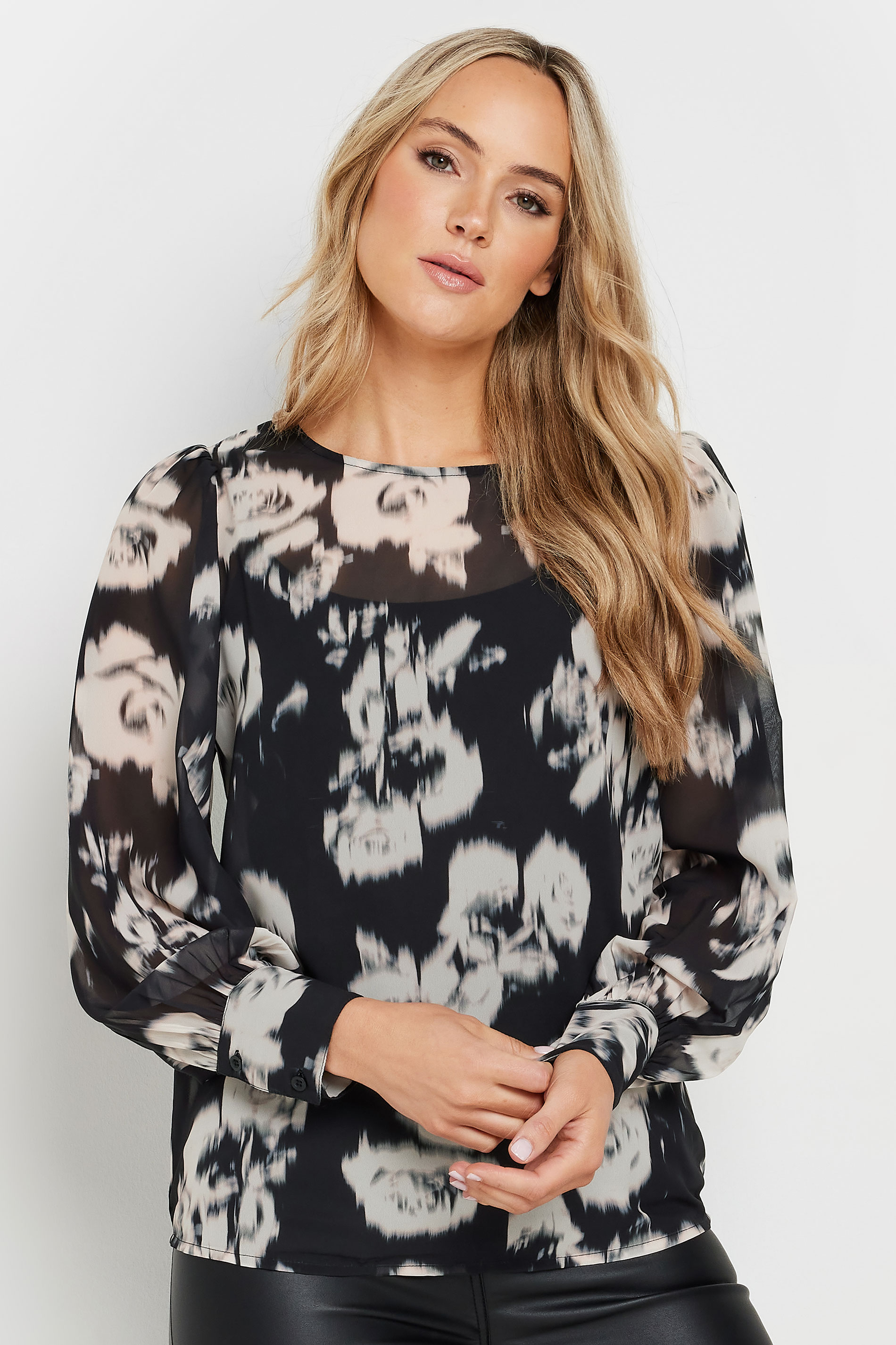 LTS Tall Black Blurred Rose Woven Blouse | Long Tall Sally 1