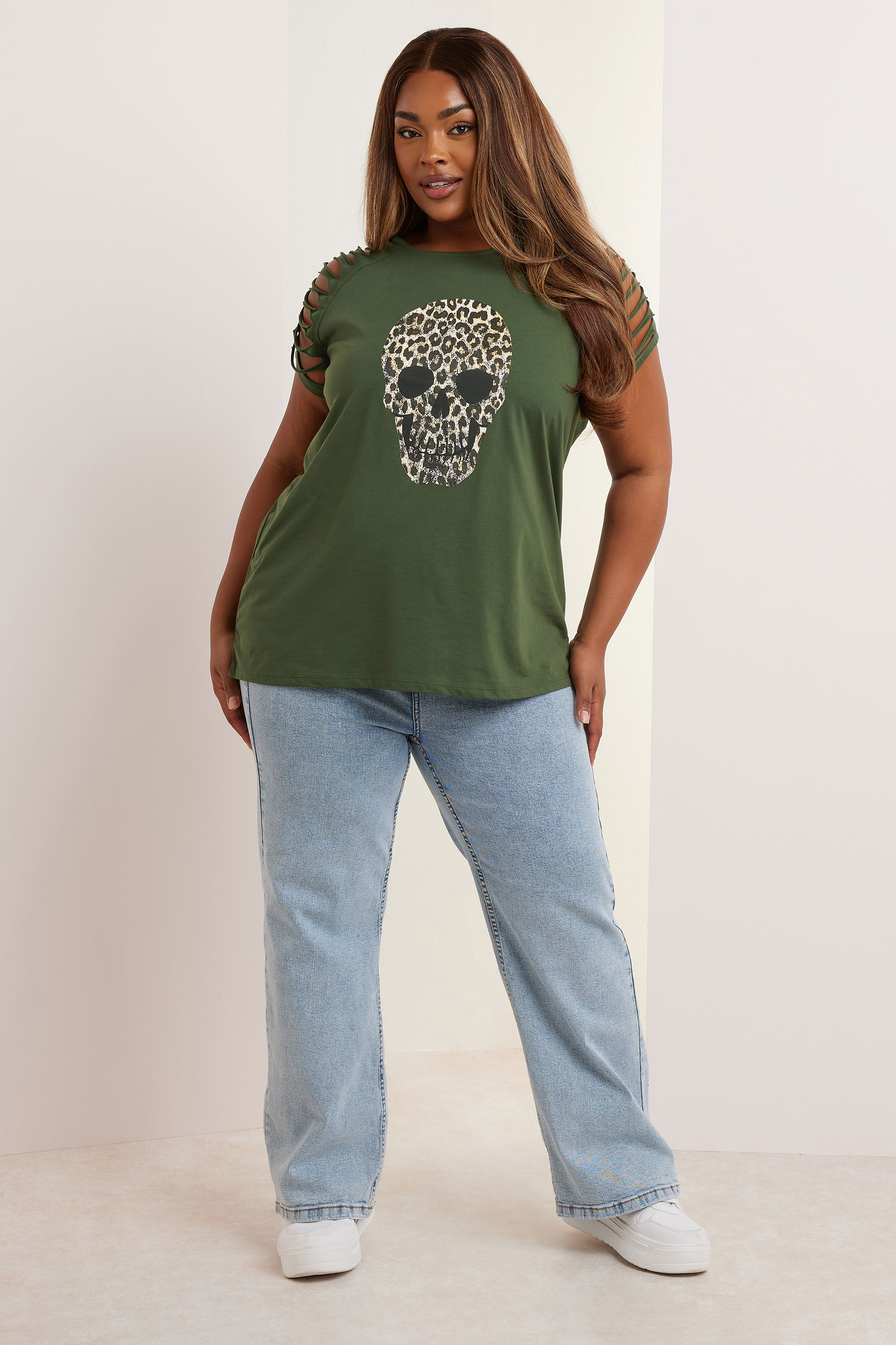 YOURS Plus Size Khaki Green Skull Leopard Cut Out Top | Yours Clothing 1