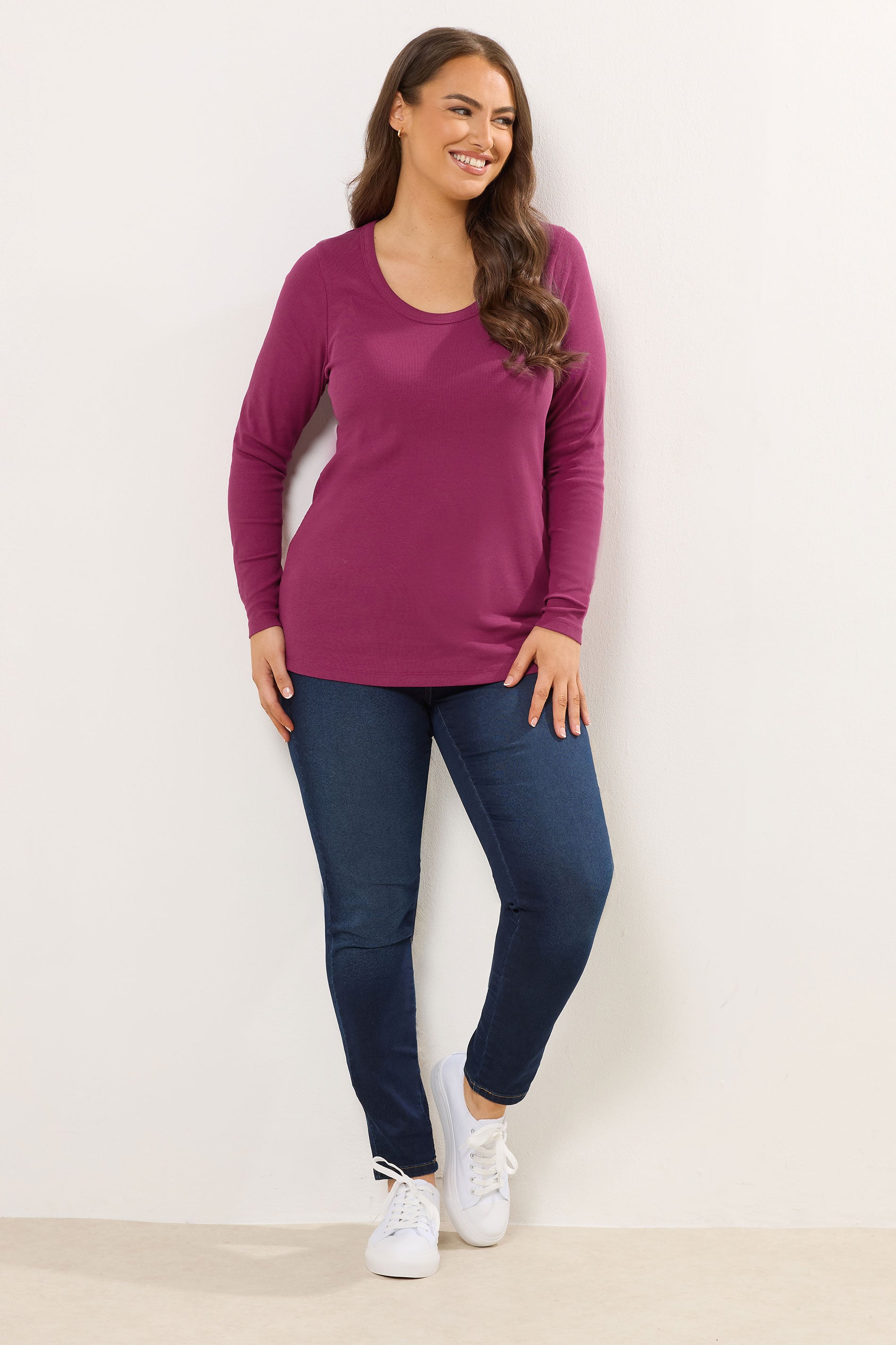 YOURS Plus Size Dark Pink Ribbed Scoop Neck Top | Yours Clothing 1