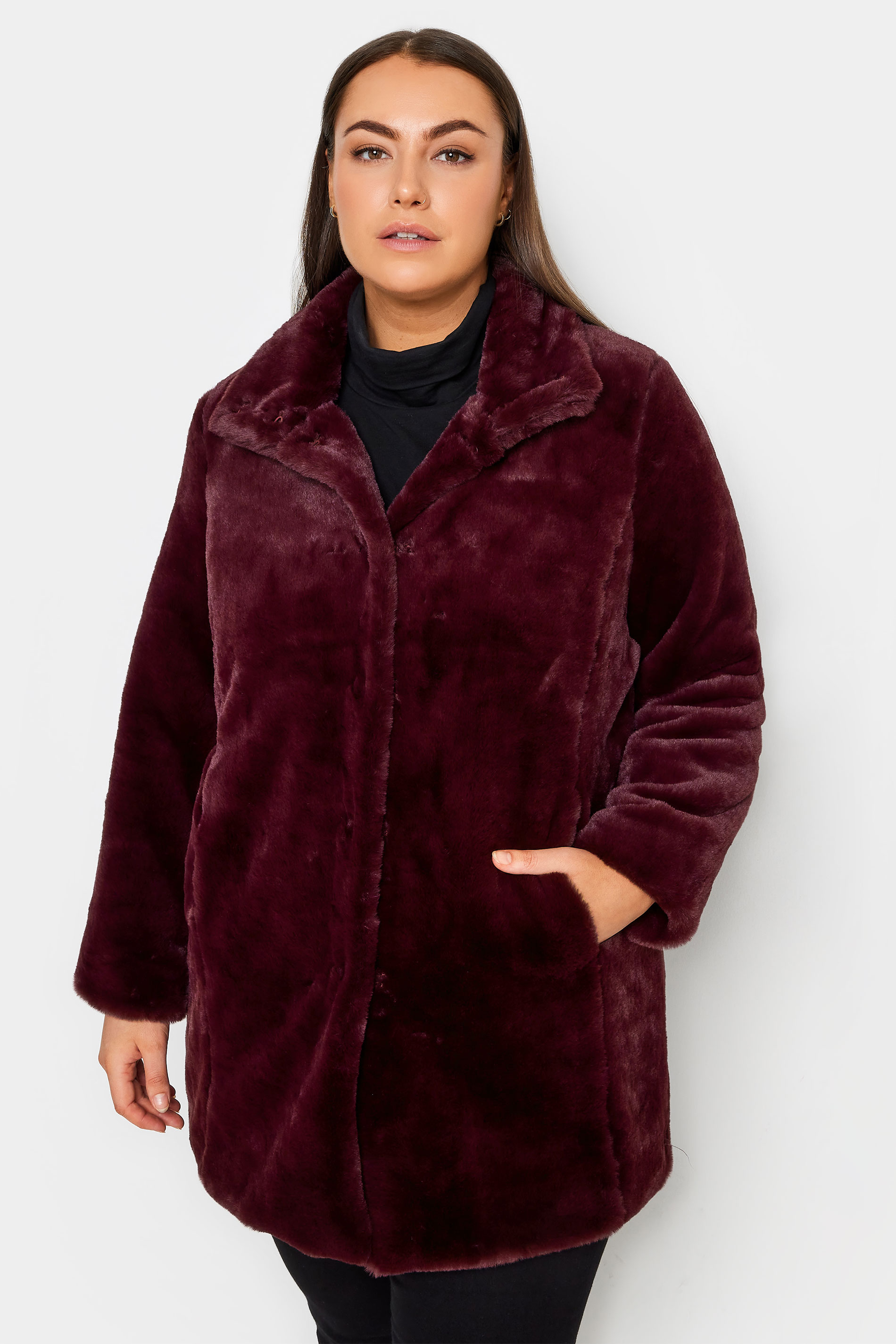Evans Burgundy Red Faux Fur Coat | Evans 1