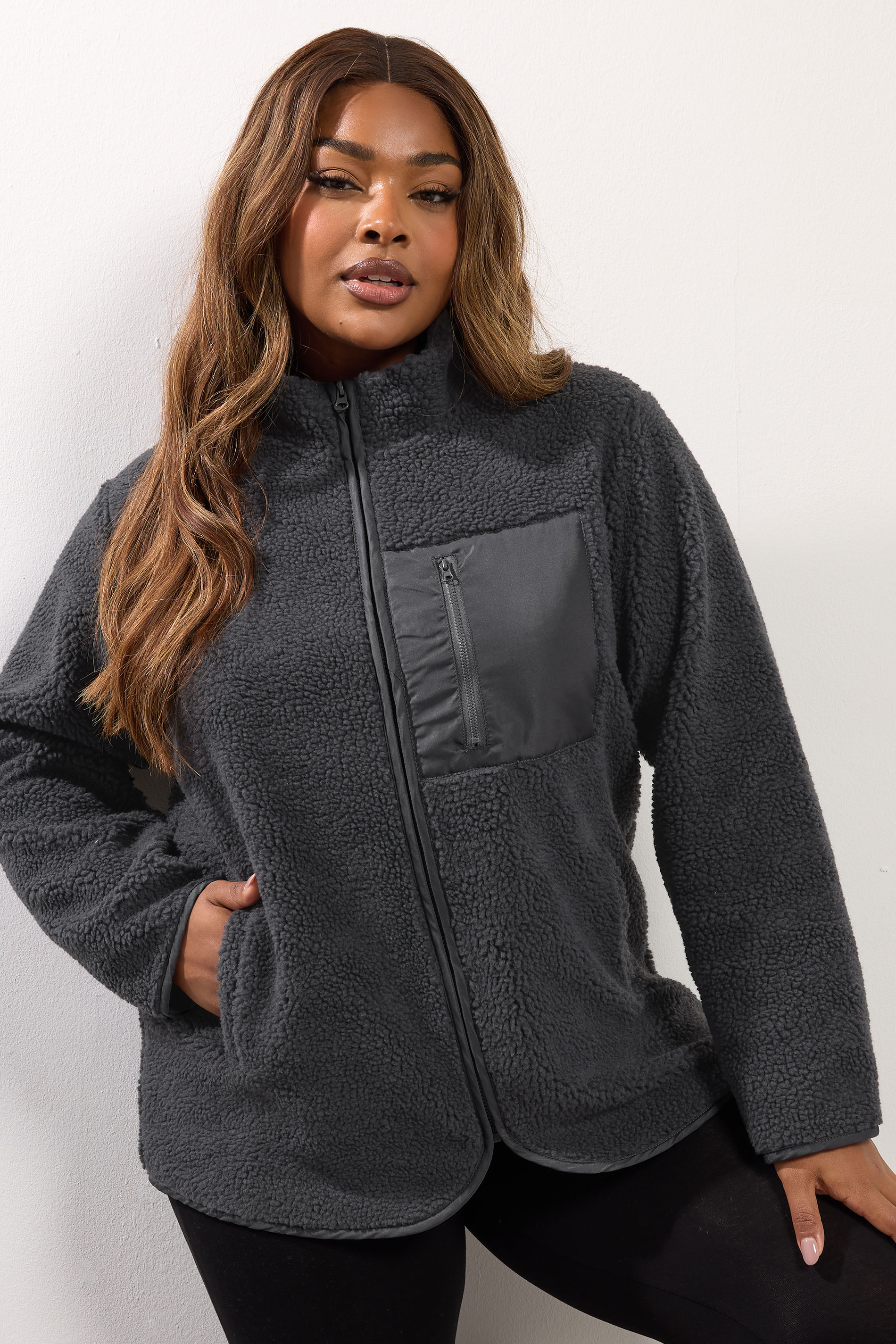 YOURS Plus Size Grey Pocket Teddy Fleece Jacket | Yours Clothing 1