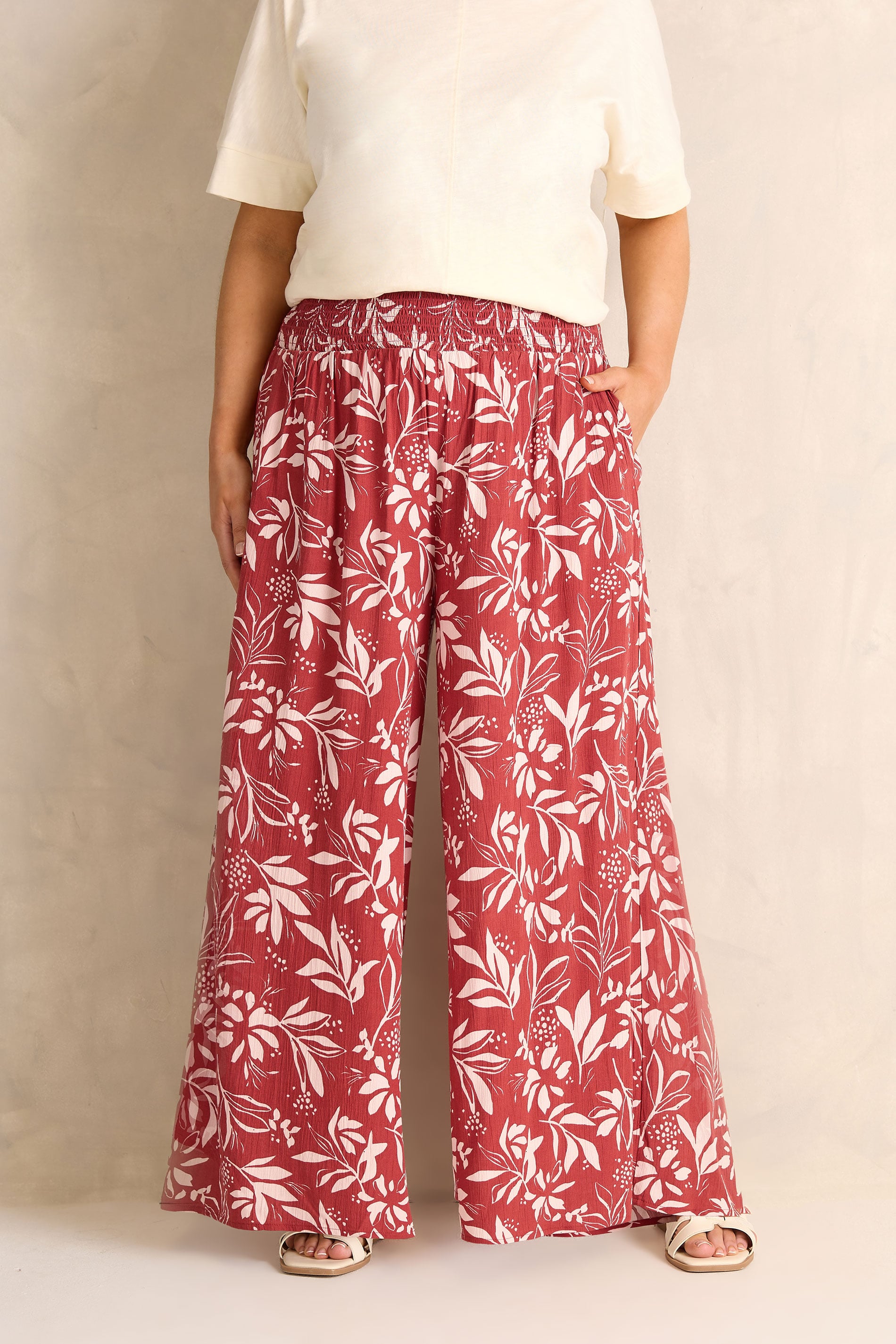Evans Women's Orange Plus Leaf Print Shirred Waist Trousers Size 26-28