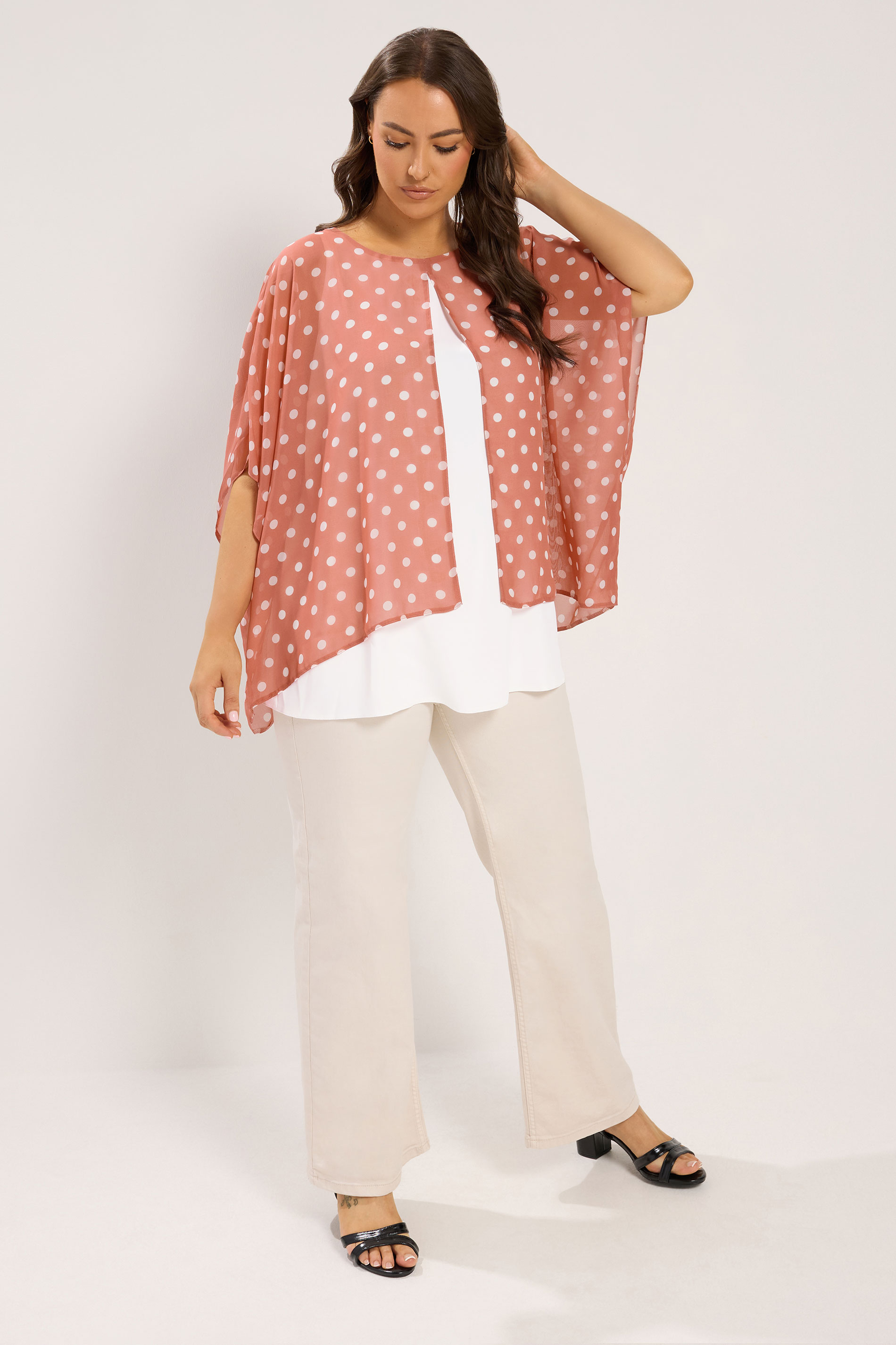 YOURS Plus Size Pink Polka Dot Double Layer Top | Yours Clothing 1