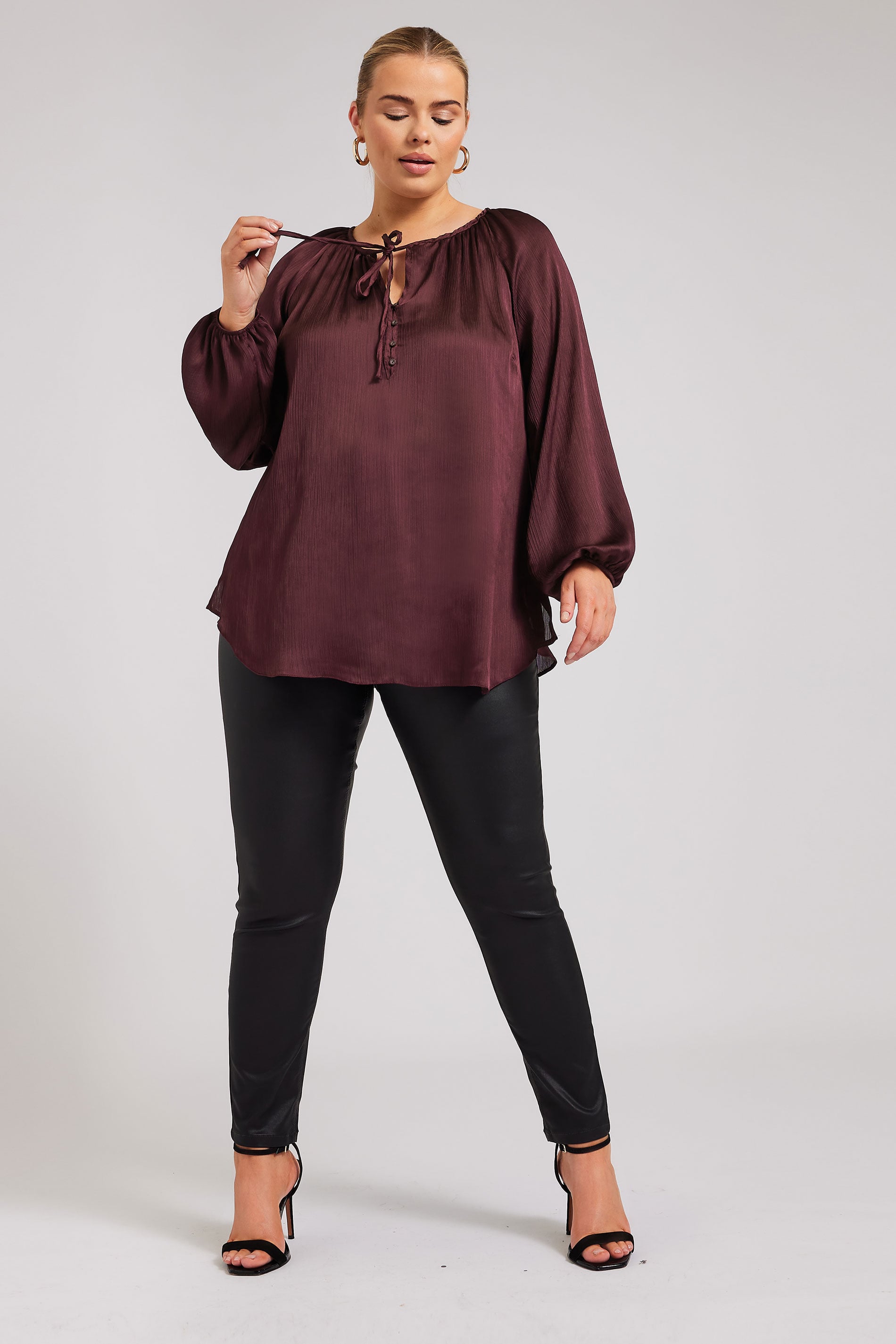 YOURS Plus Size Burgundy Red Tie Neck Blouse | Yours Clothing  2
