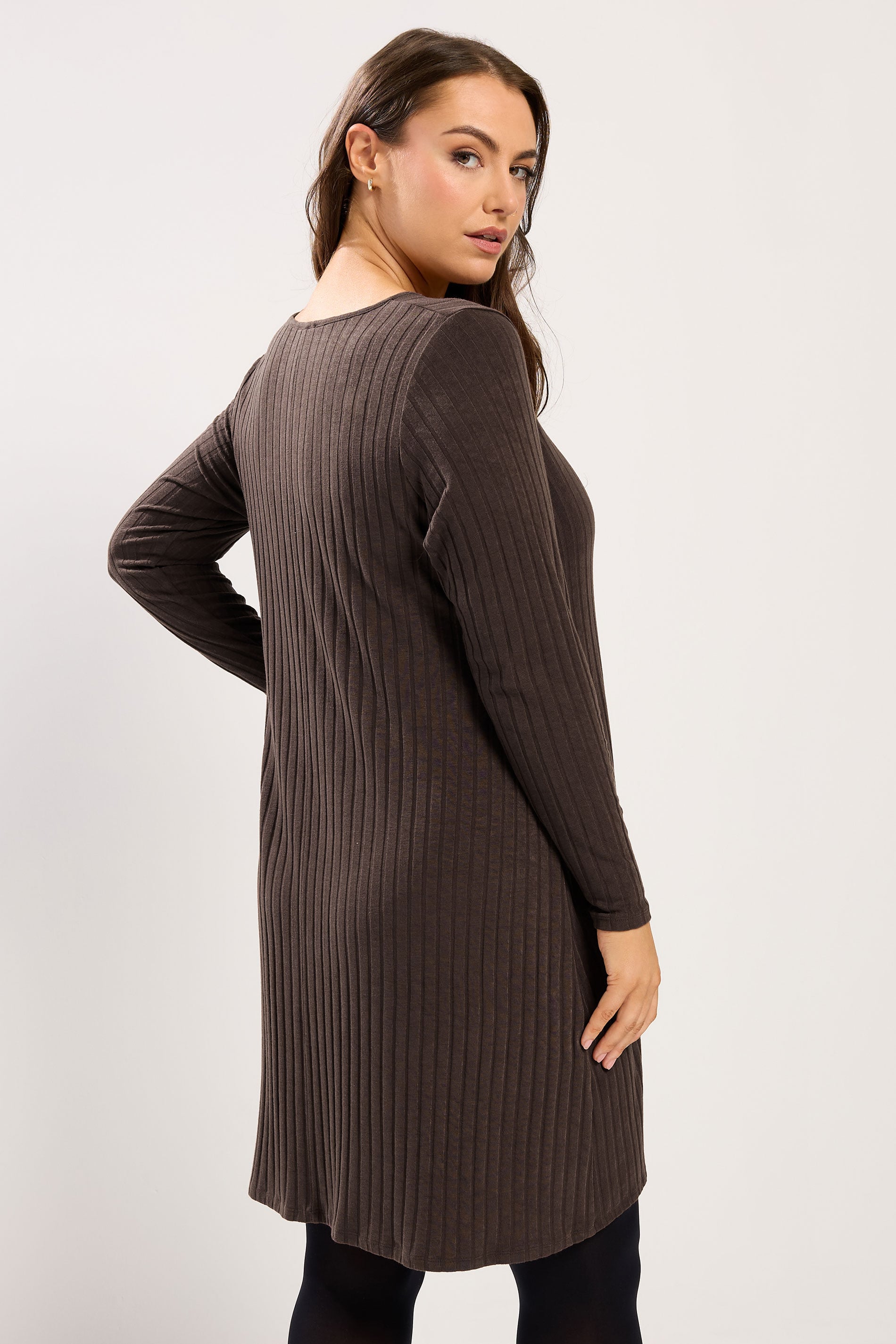 YOURS Plus Size Chocolate Brown Ribbed Flare Mini Dress | Yours Clothing 2