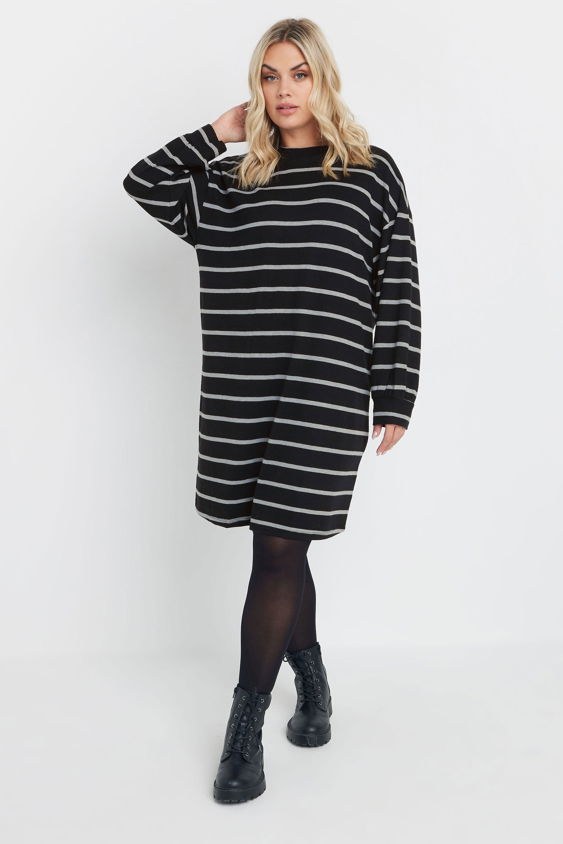 YOURS Plus Size Black & Grey Stripe Jumper Dress | Yours Clothing 1
