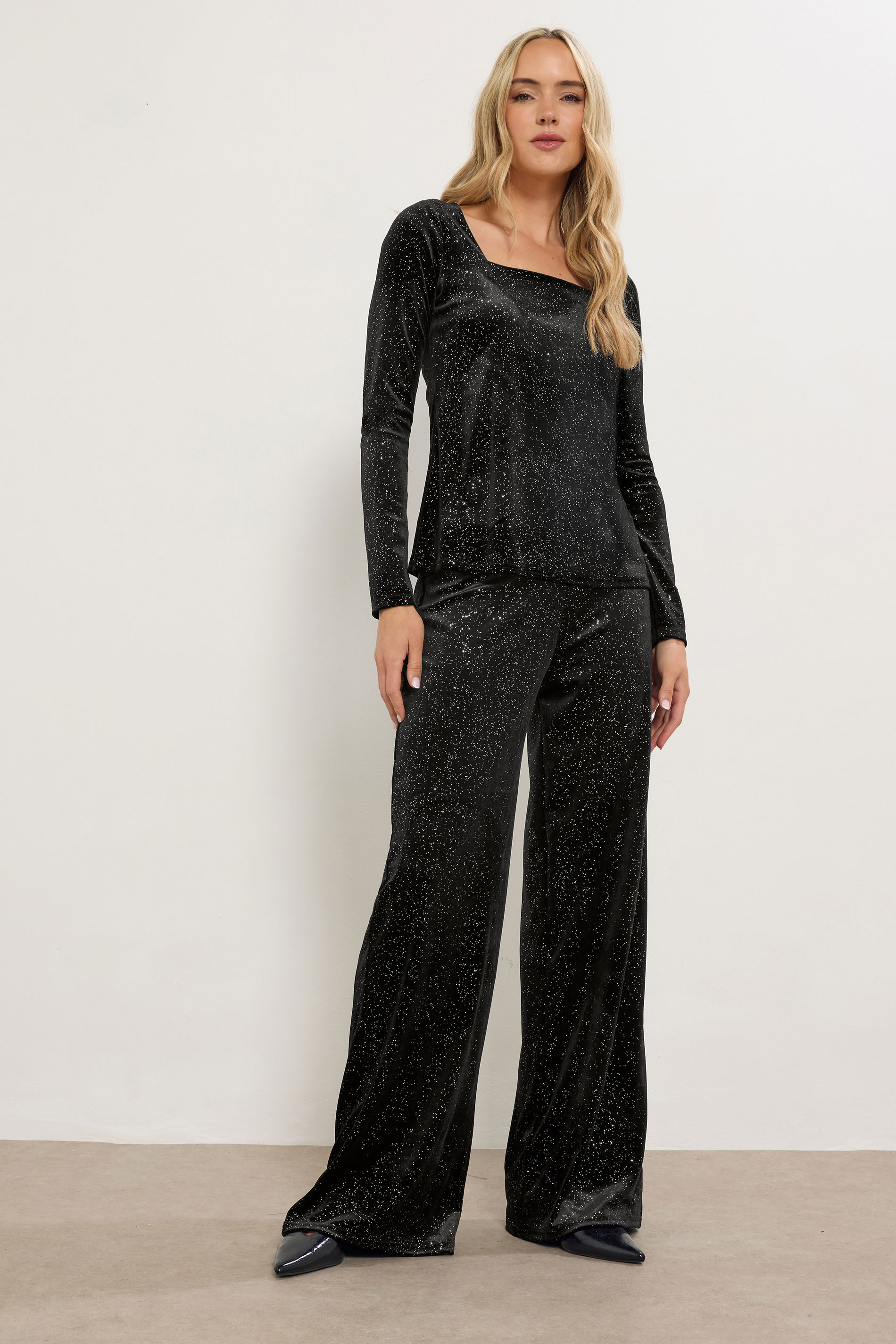 LTS Tall Black Velvet Glitter Wide Leg Trousers | Long Tall Sally  3