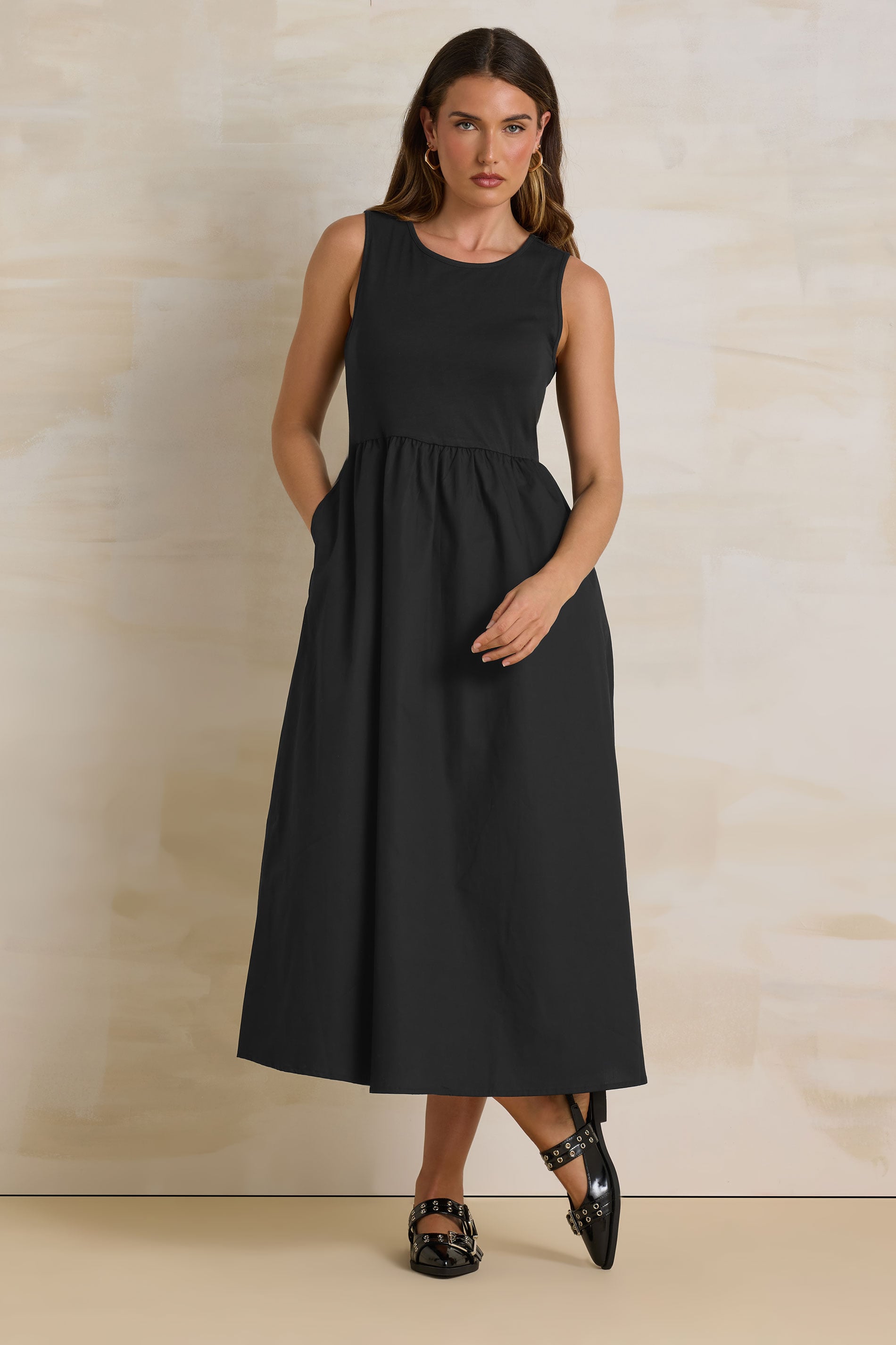 LTS Tall Black Jersey & Woven Mix Cotton Midi Dress | Long Tall Sally 3