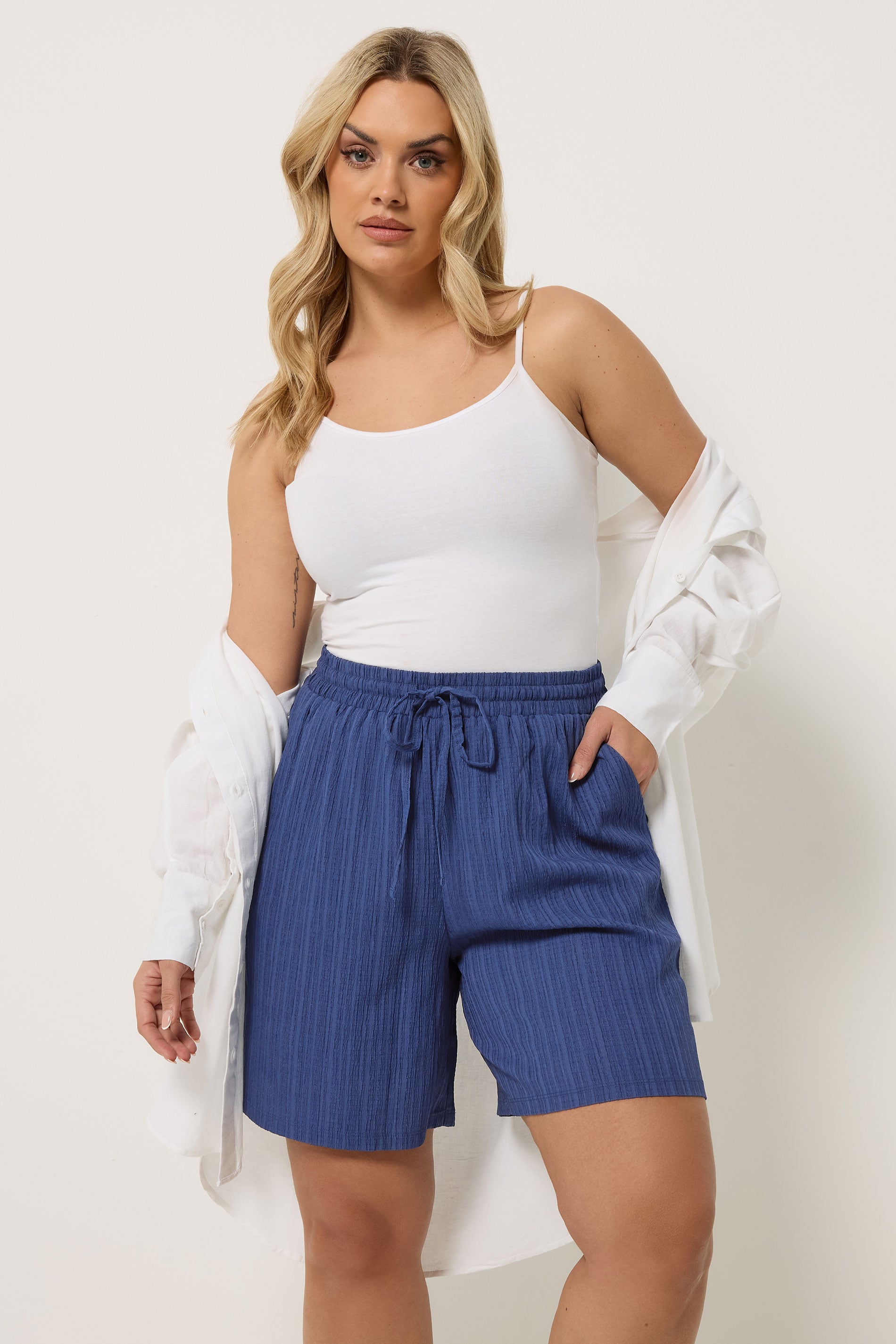 YOURS Plus Size Denim Blue Textured Woven Shorts | Yours Clothing 3