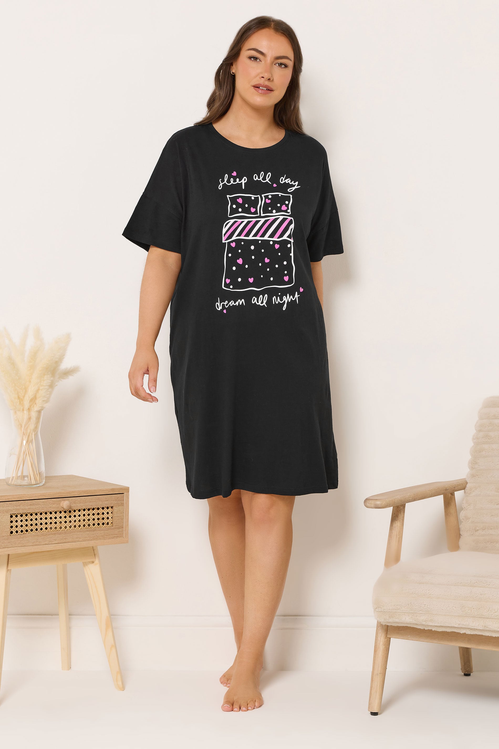 YOURS Plus Size Black 'Sleep All Day' Sleep Tee Nightdress | Yours Clothing 3