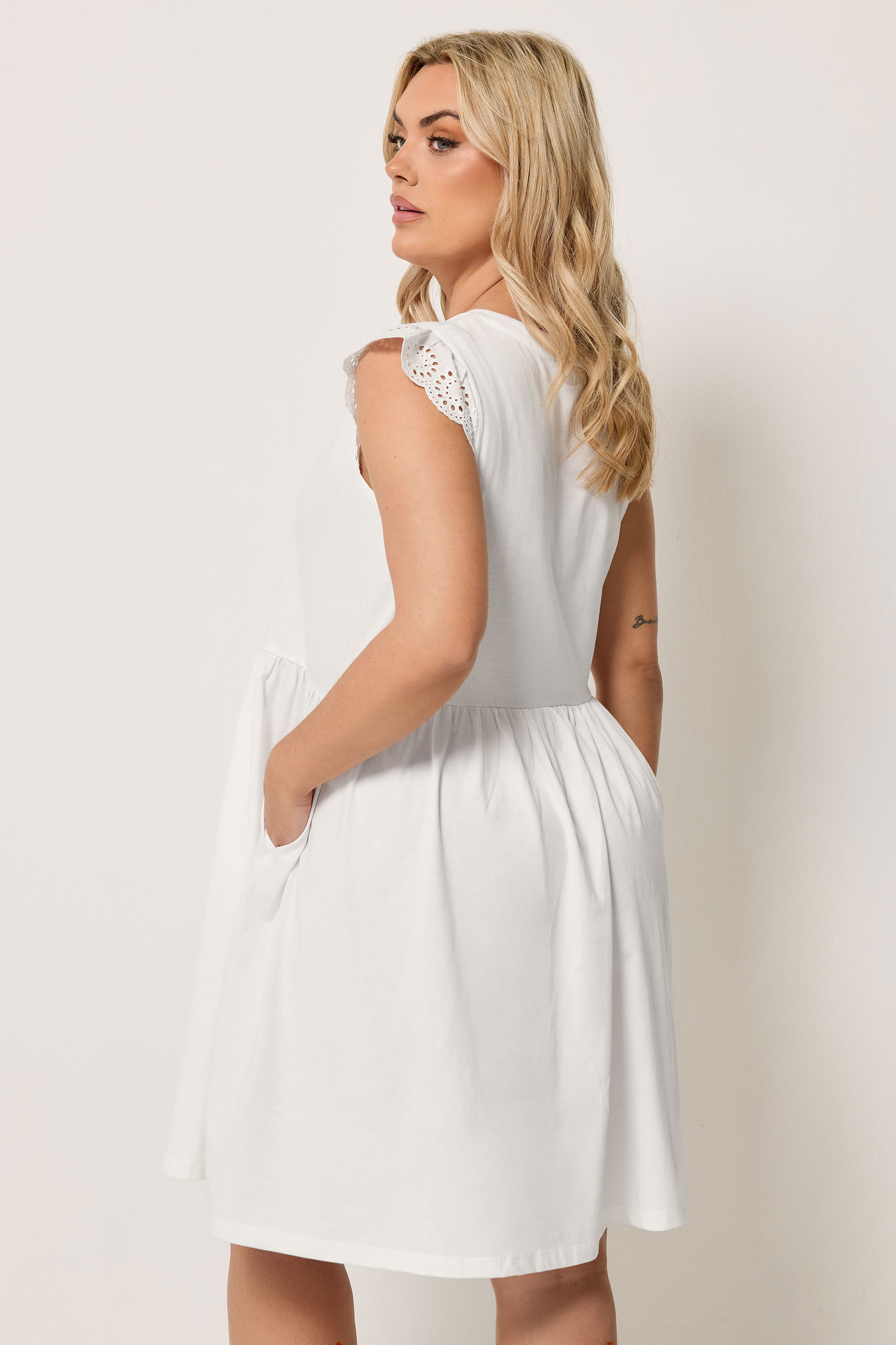 YOURS Plus Size White Broderie Anglaise Peplum Dress | Yours Clothing 2