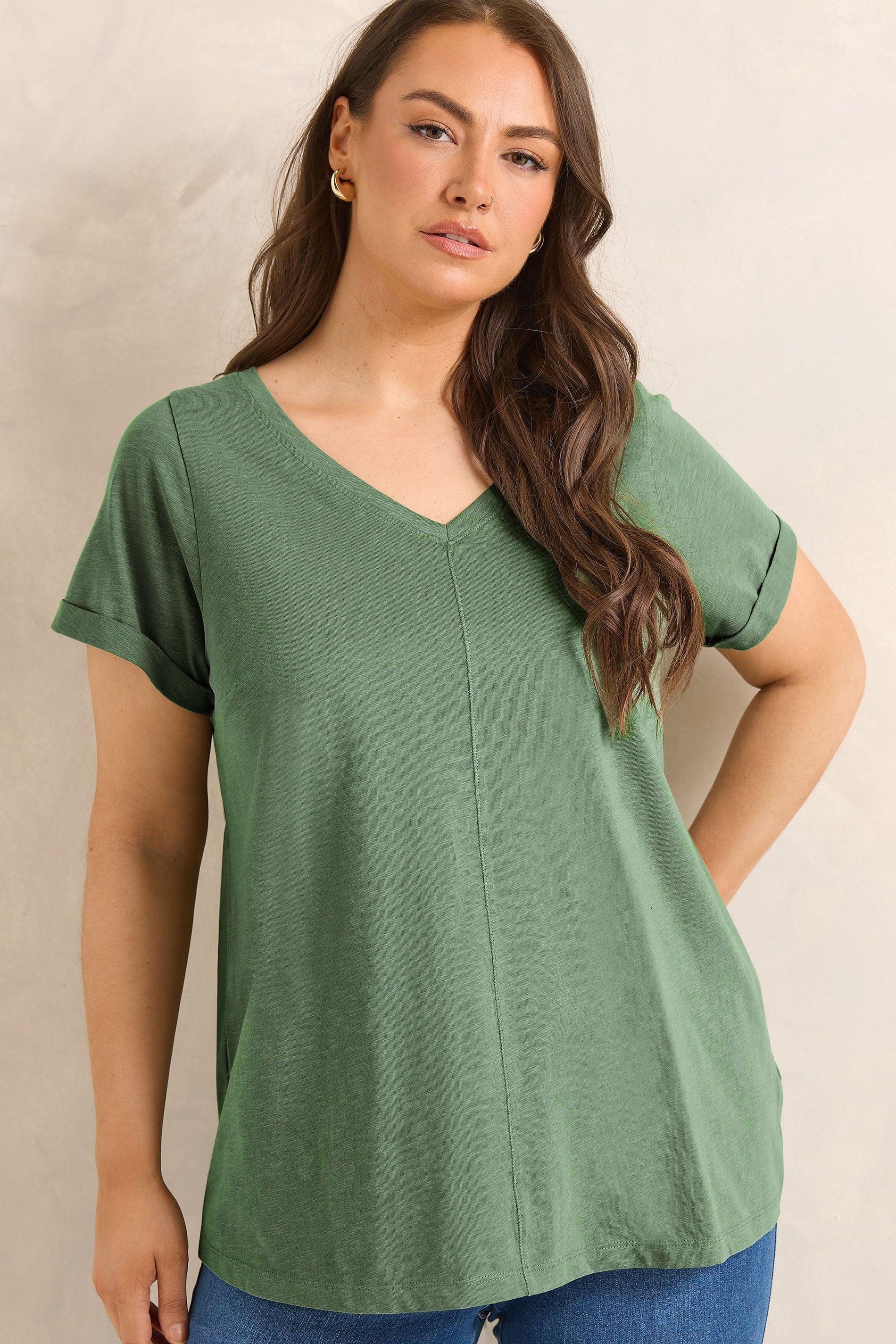 EVANS Plus Size Soft Khaki V-Neck Cotton T-Shirt | Evans 3