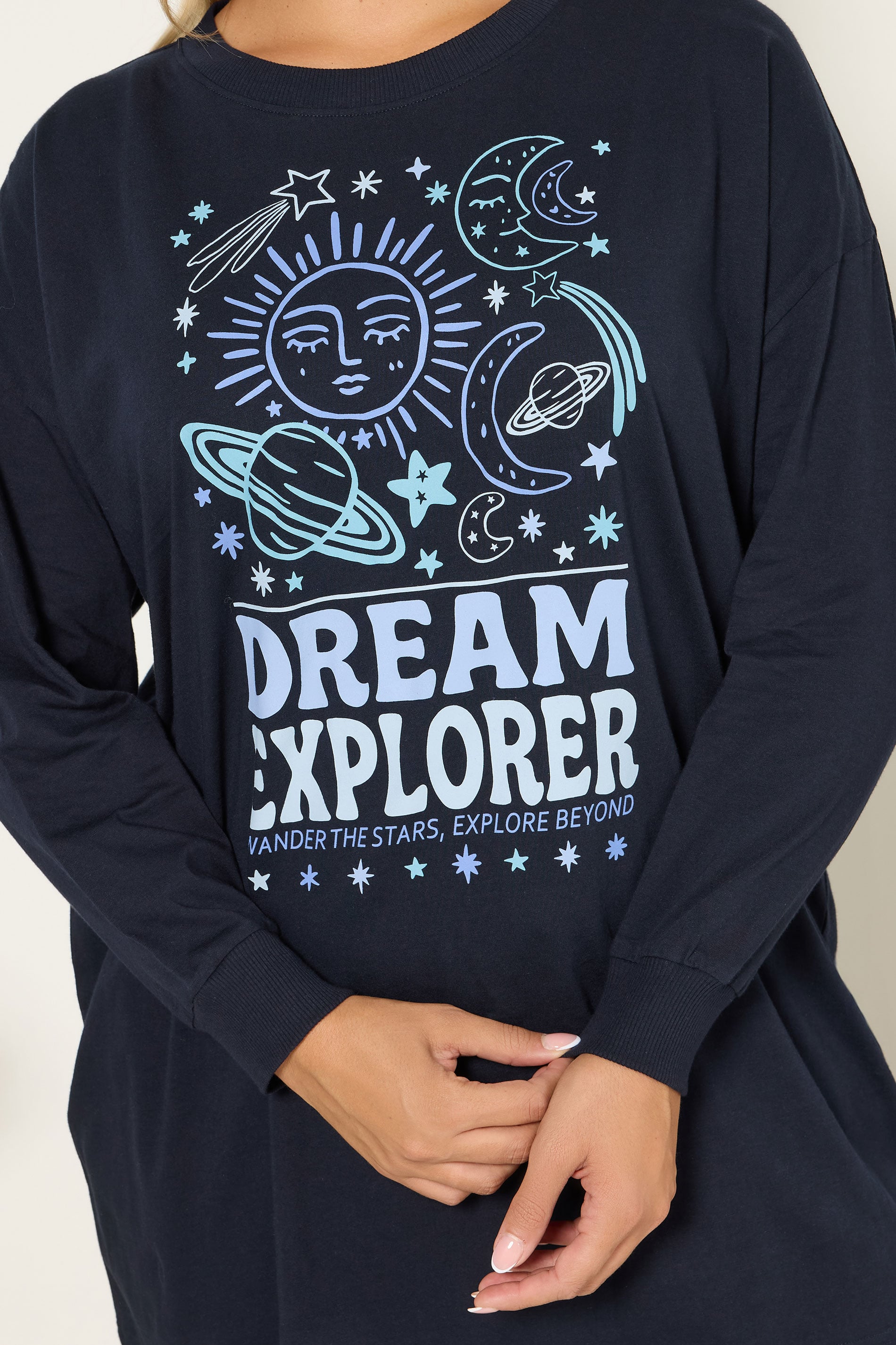 YOURS Plus Size Navy Blue 'Dream Explorer' Cuffed Pyjama Set | Yours Clothing 5