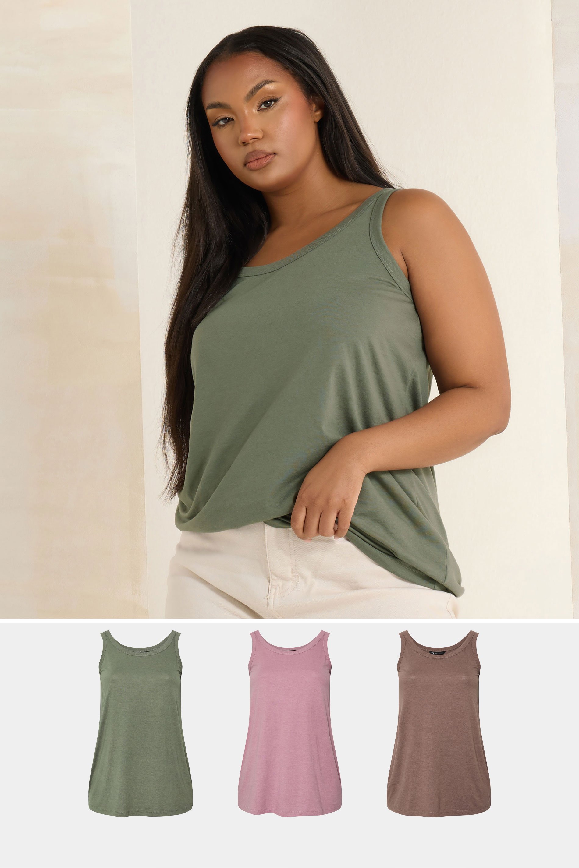 YOURS 3 PACK Plus Size Pink & Green Core Vest Tops | Yours Clothing 1