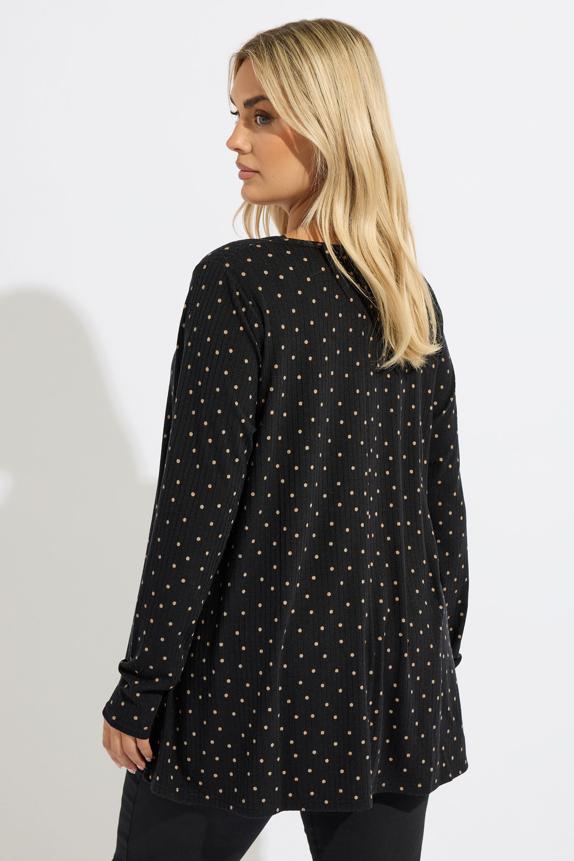 YOURS Plus Size Black Polka Dot Ribbed Button Top | Yours Clothing 4