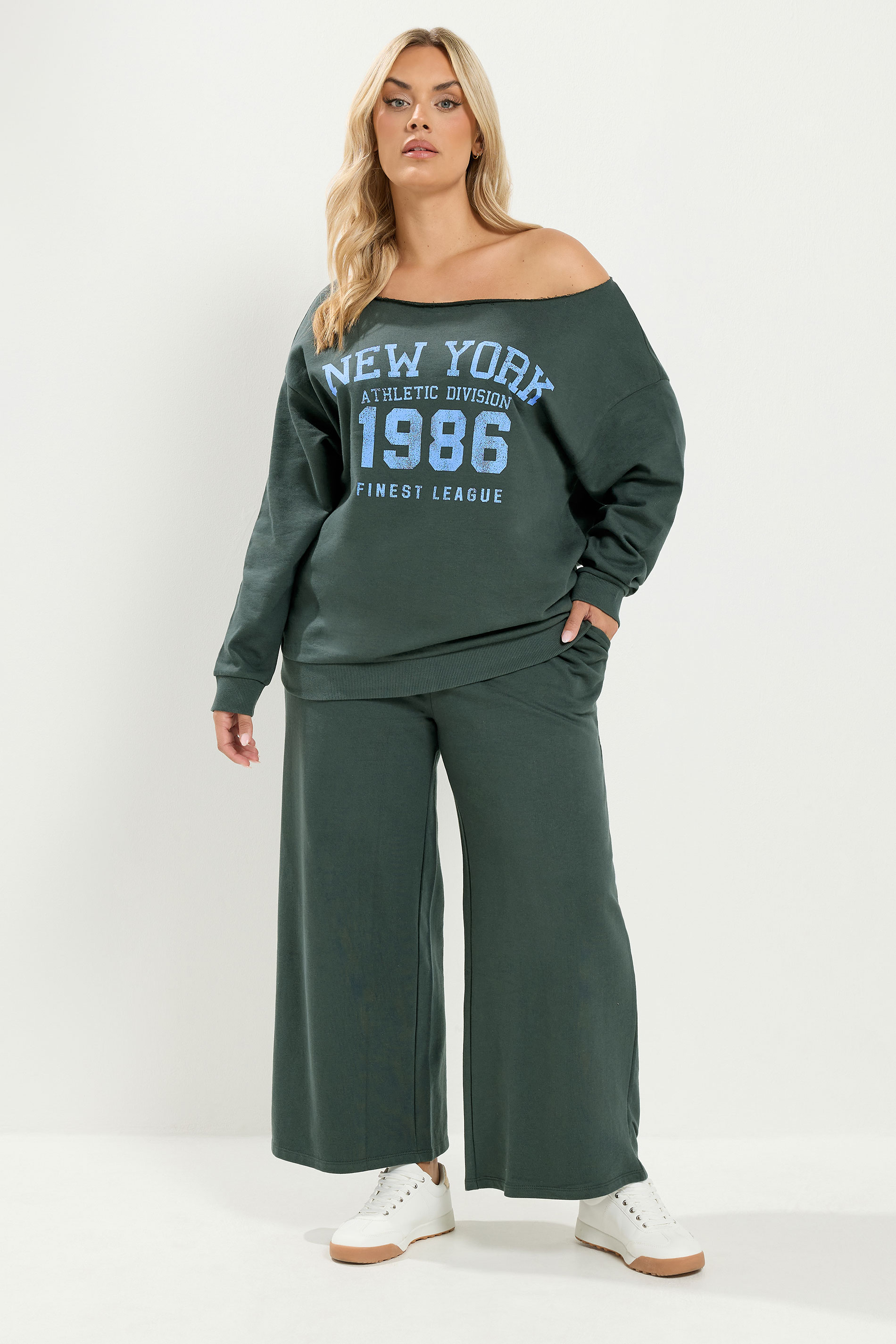 YOURS Plus Size Grey 'New York' Off Shoulder Sweatshirt & Jogger Set | Yours Clothing 1