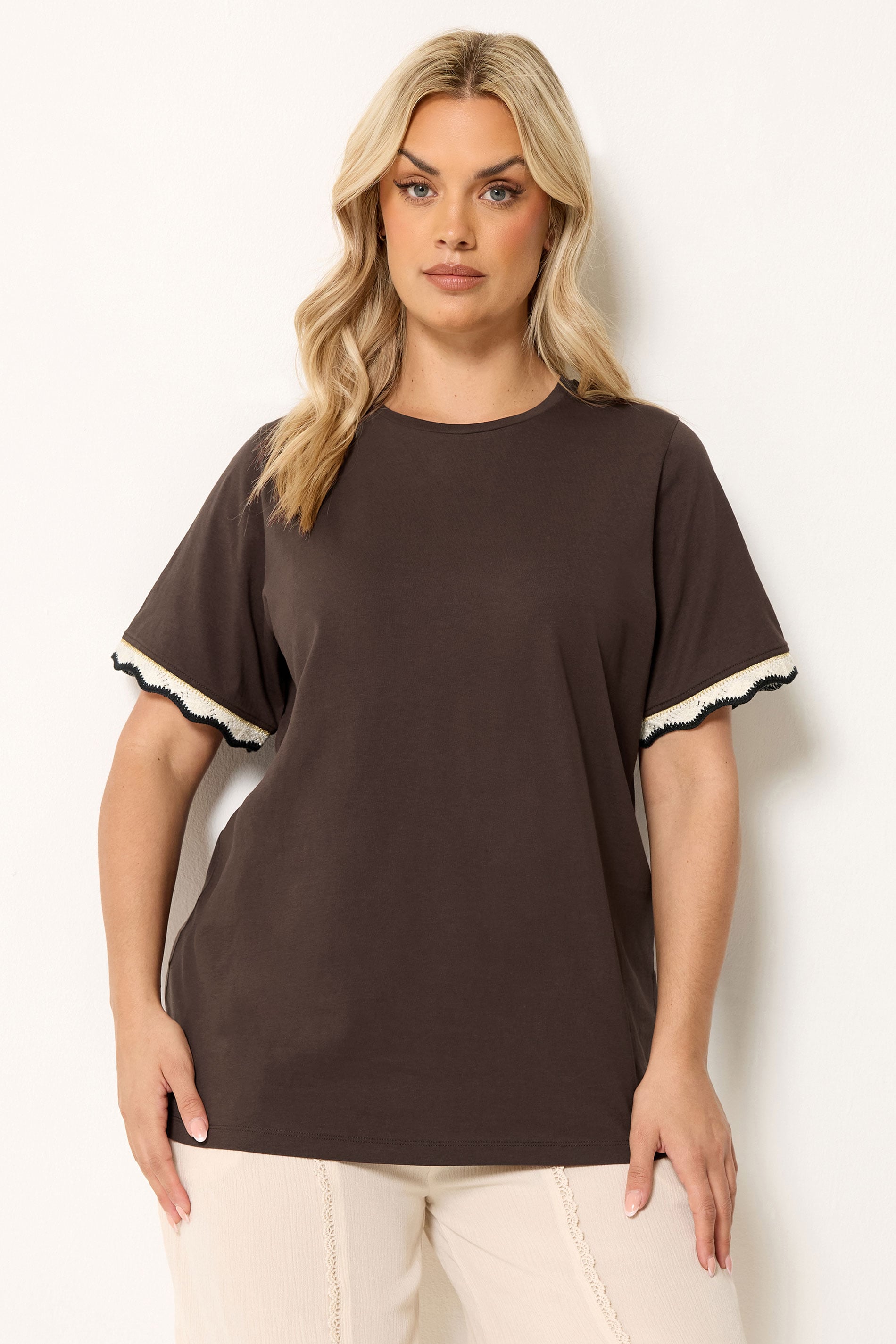 YOURS Plus Size Burnt Metallic Crochet Trim T-Shirt | Yours Clothing 3