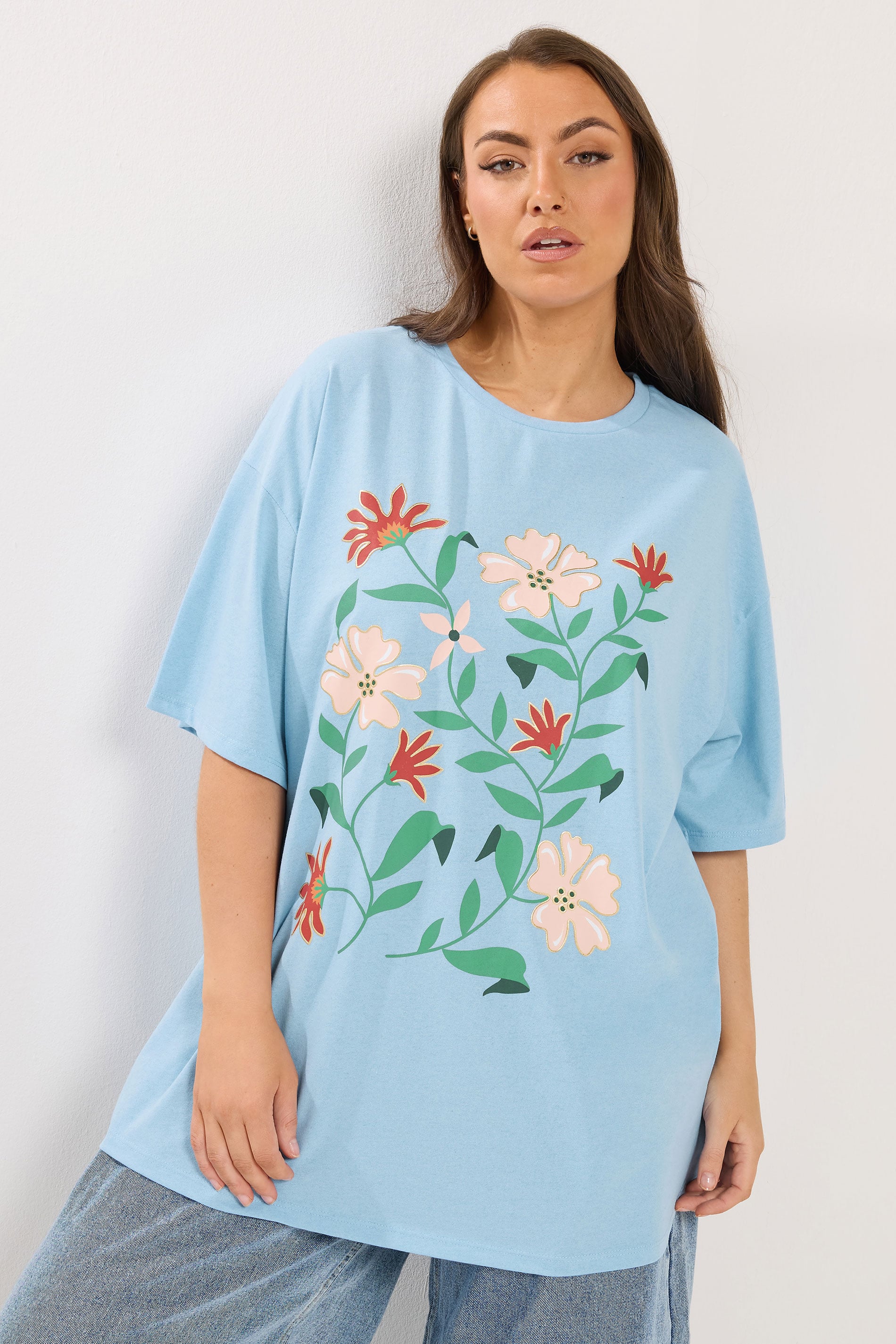 YOURS Plus Size Blue Floral Graphic T-Shirt | Yours Clothing 3