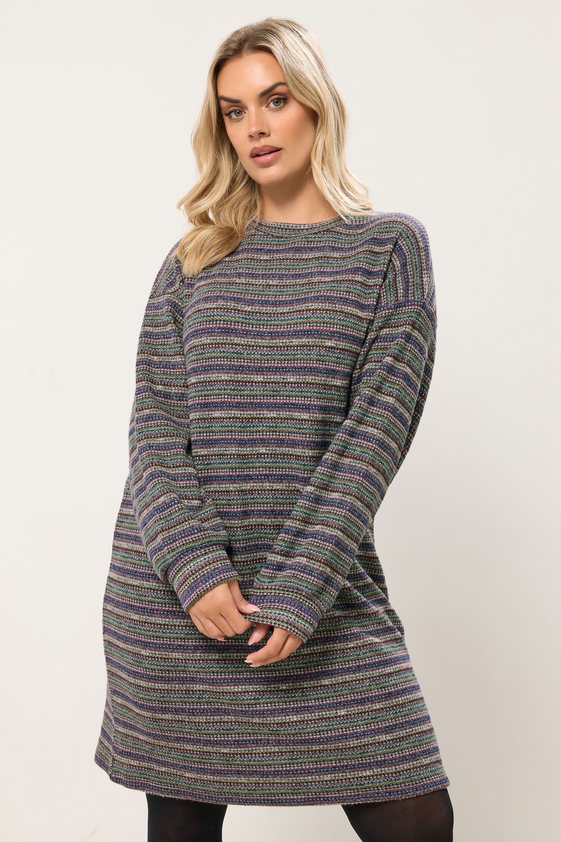 YOURS Plus Size Blue & Grey Textured Stripe Jumper Dress | Yours Clothing 3
