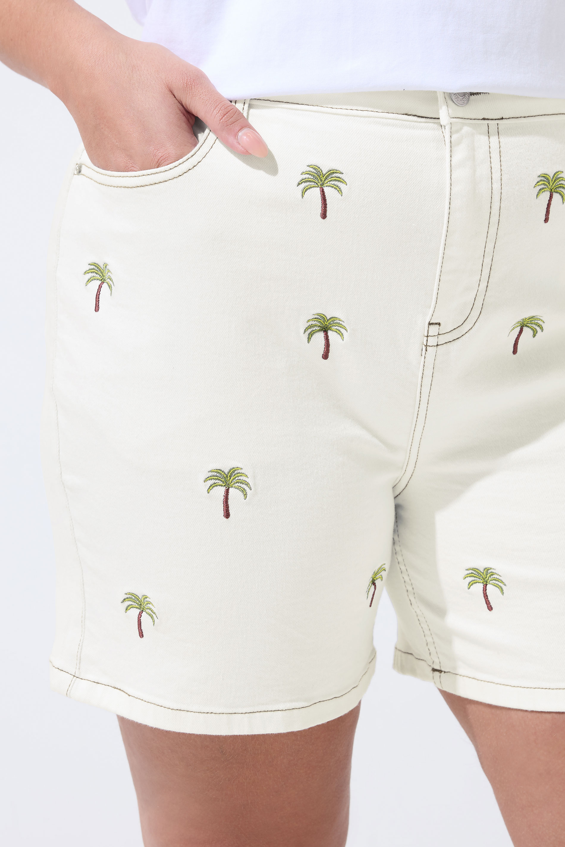 LIMITED COLLECTION Plus Size Natural Brown Palm Tree Embroidered Shorts | Yours Clothing 4