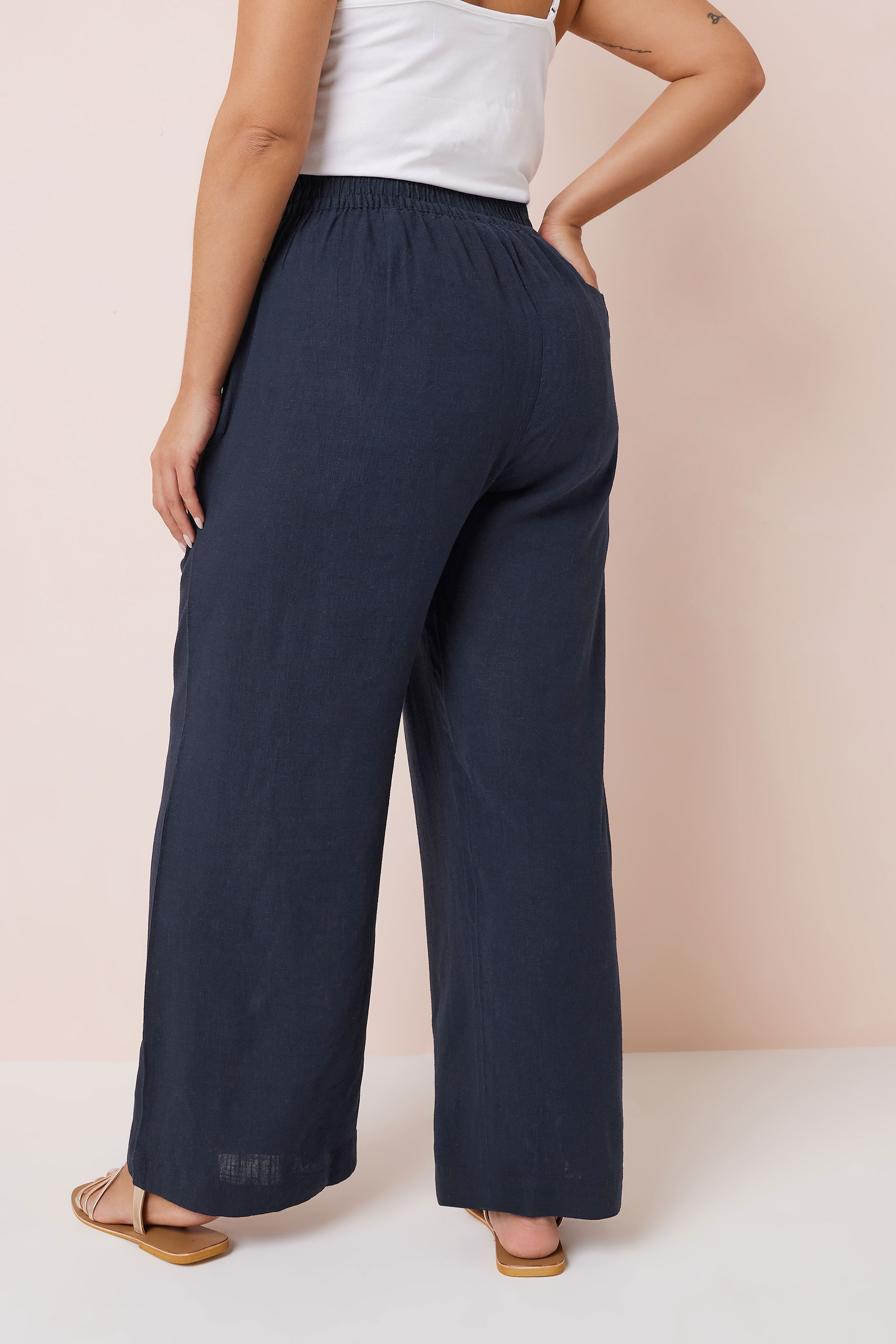 YOURS Plus Size Navy Blue Linen Wide Leg Trousers | Yours Clothing 2