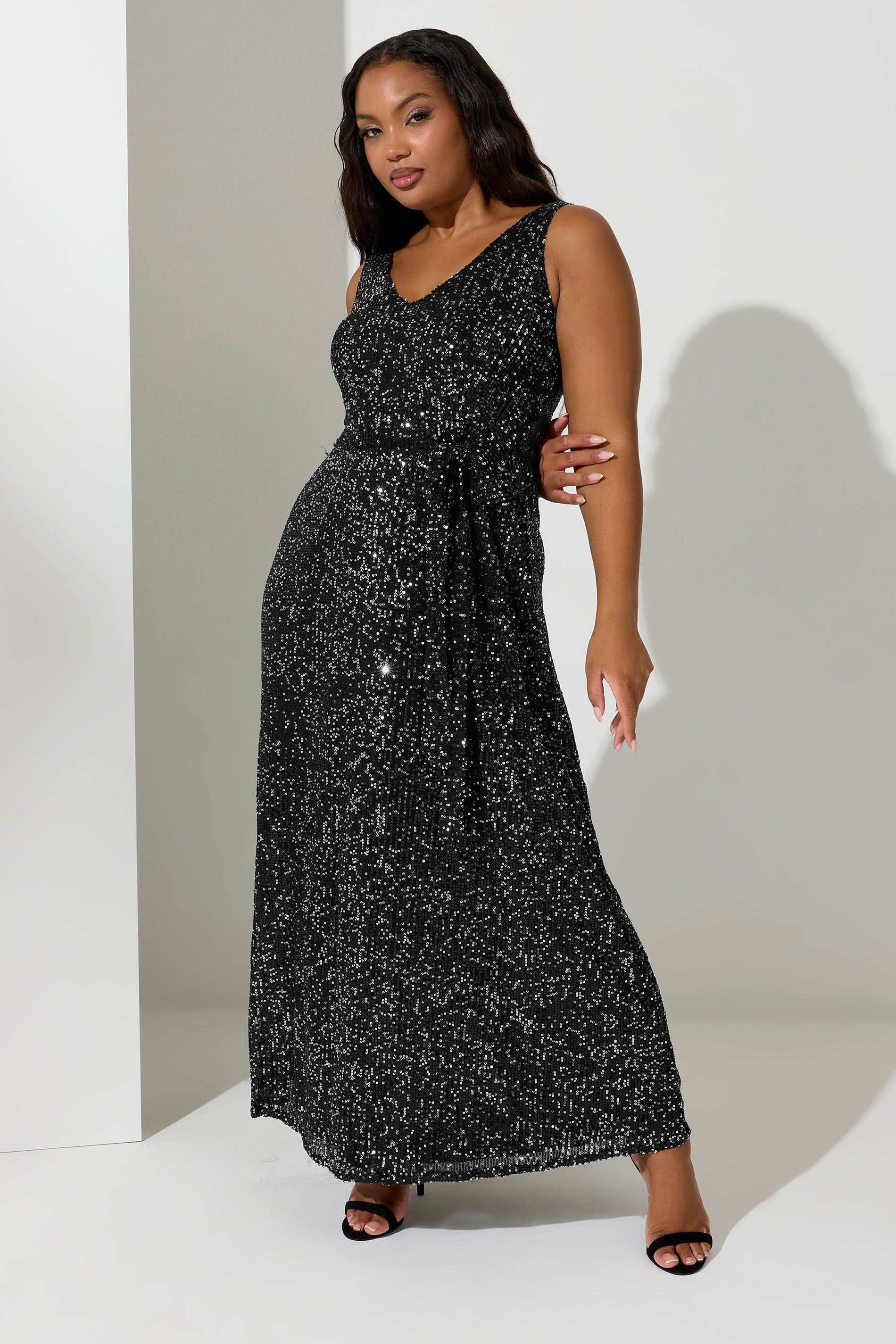 YOURS LONDON Plus Size Black Sequin V-Neck Maxi Dress | Yours Clothing 3