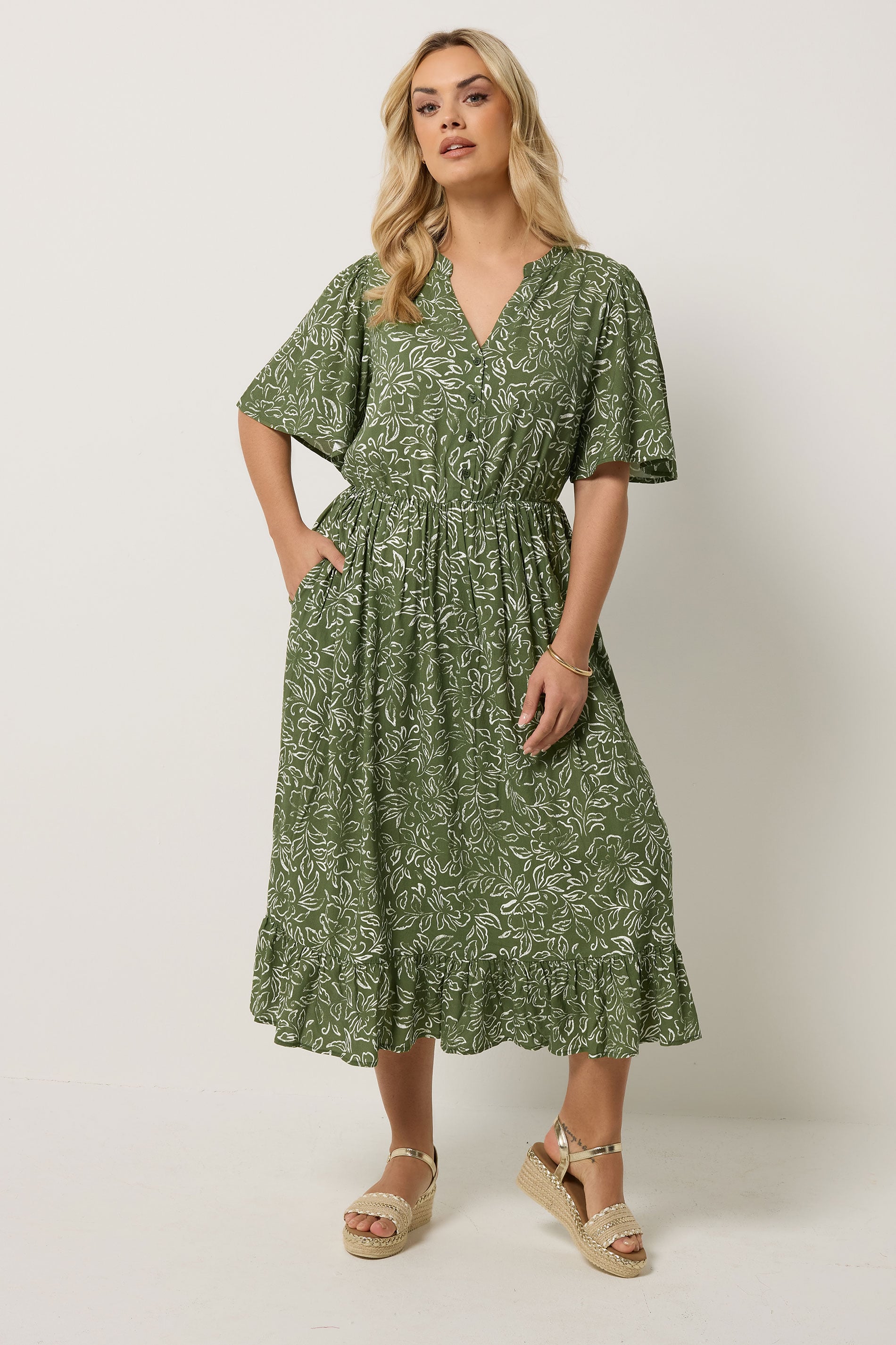 YOURS Plus Size Khaki Green Floral Midi Dress | Yours Clothing 3